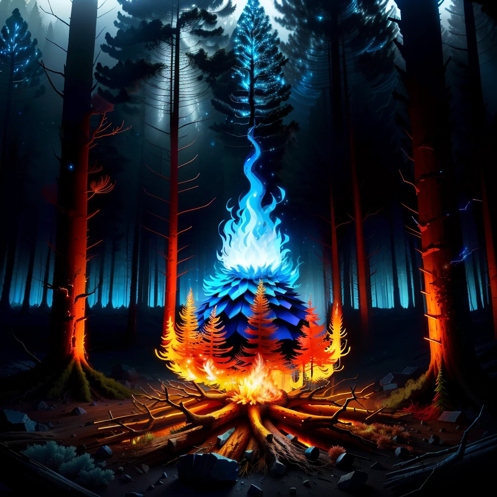A flaming anthill in the shape of an electric blue pine gable, gloomy forest, dead trees, sparkling blue firefly, 4K, ultra-realistic