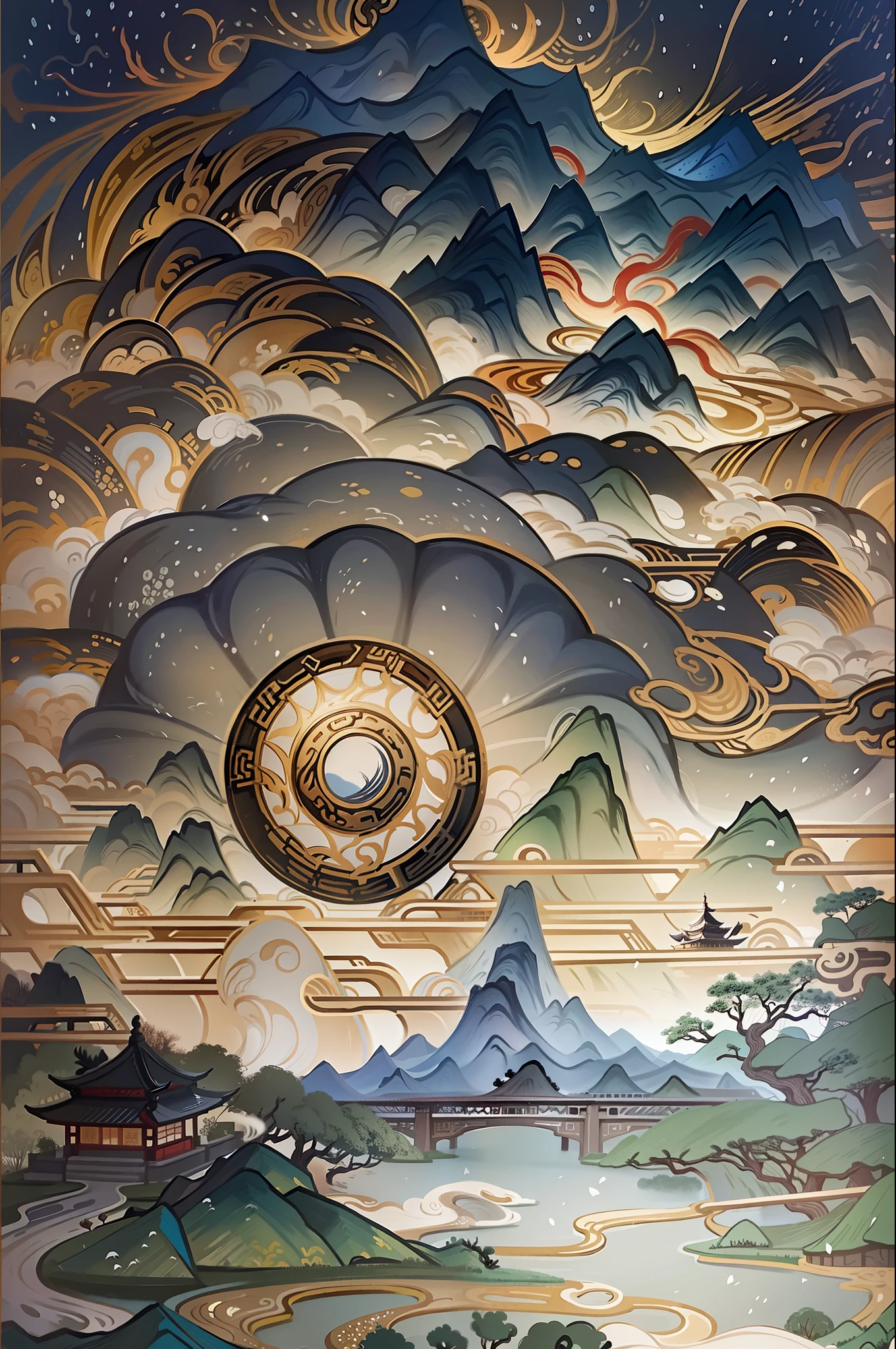 An ancient Chinese painting, ancient Chinese background, mountains, rivers, auspicious clouds, pavilions, sunshine, masterpieces, super detail, epic composition, ultra HD, high quality, extremely detailed, official art, unified 8k wallpaper, Super detail, 32k -- v 6