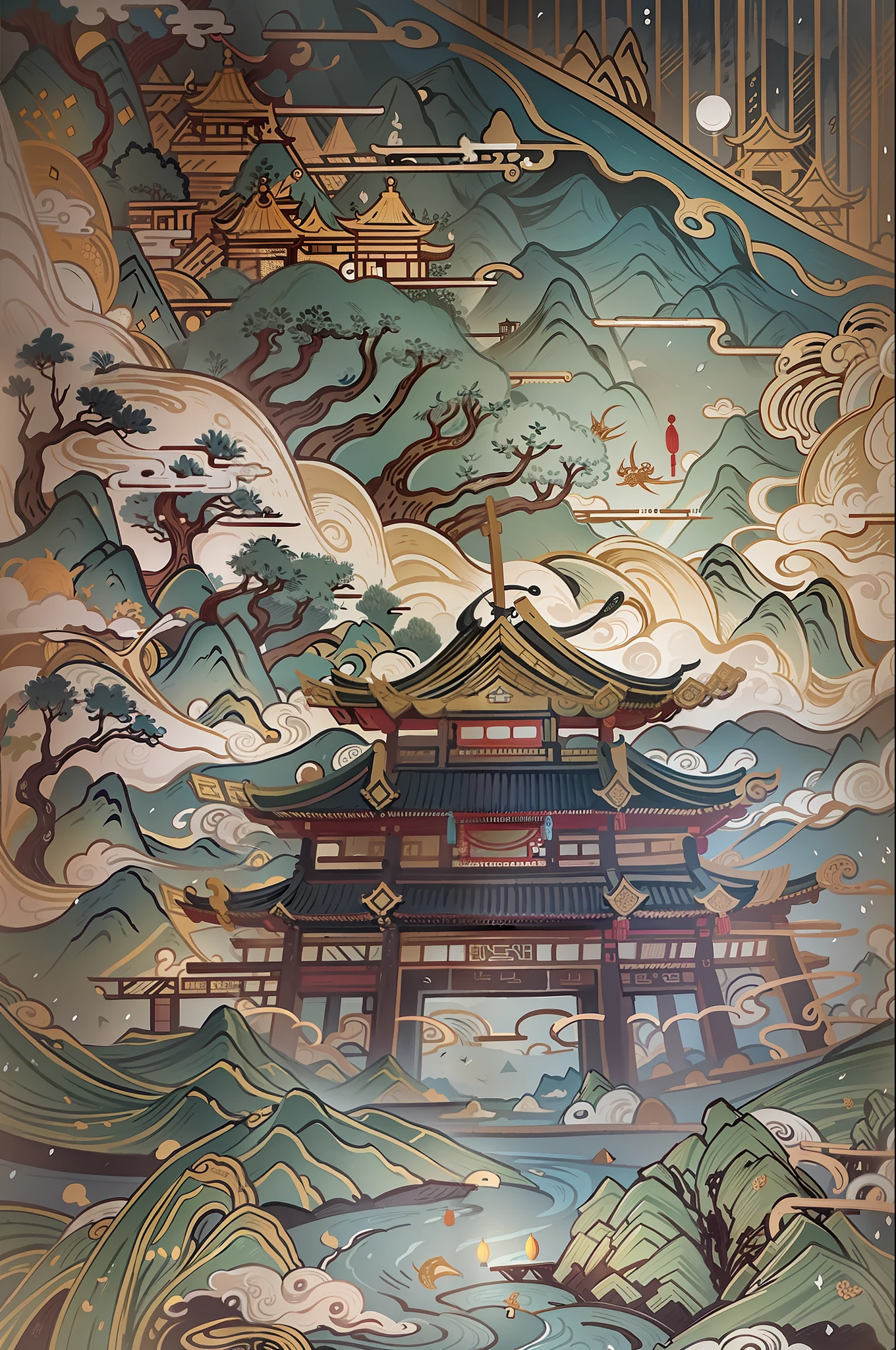 An ancient Chinese painting, ancient Chinese background, mountains, rivers, auspicious clouds, pavilions, sunshine, masterpieces, super detail, epic composition, ultra HD, high quality, extremely detailed, official art, unified 8k wallpaper, Super detail, 32k -- v 6