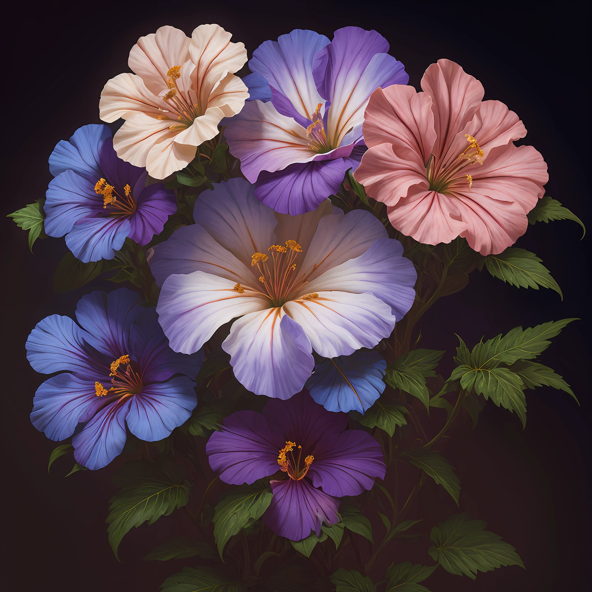 A flower by Casey Weldon, Olga Kvasha, Miho Hirano, hyperdetailed intricately detailed gothic art trending on Artstation triadic colors Unreal Engine 5 detailed matte painting, deep color, fantastical, intricate detail, splash screen, complementary colors, fantasy concept art, 8k resolution, gothic deviantart masterpiece, (dark shot:0.9), art by greg rutkowski and artgerm, soft cinematic light, adobe lightroom, photolab, hdr, intricate, highly detailed, petunia