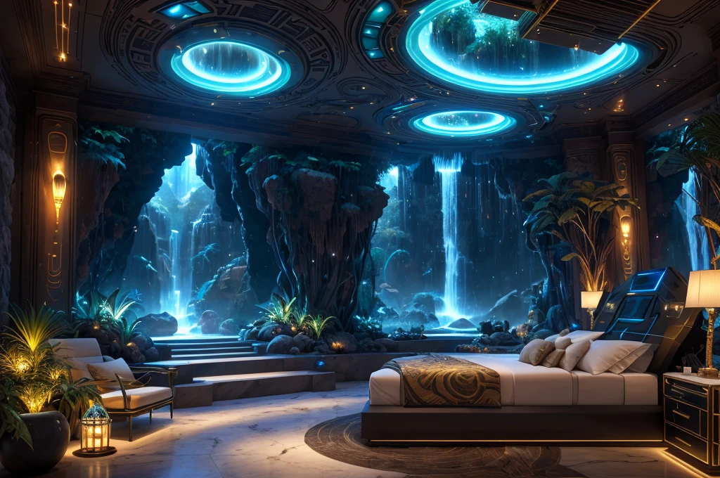incredible luxurious futuristic bedroom interior in Ancient Egyptian style with many ((lush plants)) (lotus flowers), ((palm trees)), rocky walls, (sand), ((waterfalls)) (marble), ((precious minerals)), ((metals)), (gemstones), crystals, clouds and ((water)), ((futuristic luxury furniture)), ((plants made out of gemstones and precious minerals)), crocodiles, (hieroglyphics), (((ultra luxury))), (black marble) – with ((beautiful lights)), Unreal Engine, HQ, 16k