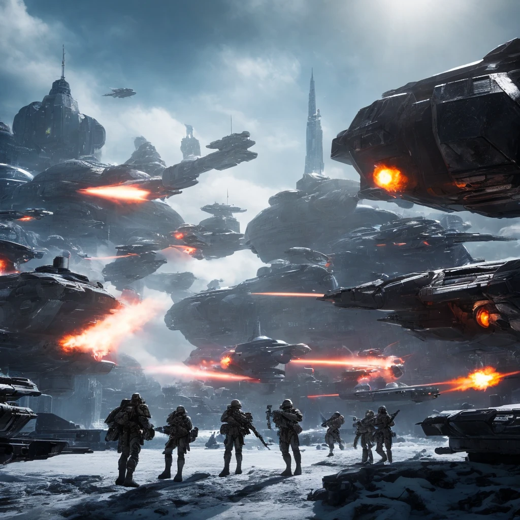 Very intense futuristic sci-fi battle scene, battlefield, 2042, on the icy land of the earth, many futuristic soldiers, men men in military costume, and they are far beyond, central focus, sci-fi style, very beautiful detailed sky and clouds, glowing ice and blue with gloomy colors, dynamic lighting, cinematic lighting, a huge dome inside which the city, atmospheric lighting, high detail,  feature detail, ray tracing, high highlights, 3D, cinematic lighting, dark shadows, unrealistic rendering Engine 5, trends on artstation, 4K, extremely high detail, Ultra HD, HDR, 8K, extremely high detail