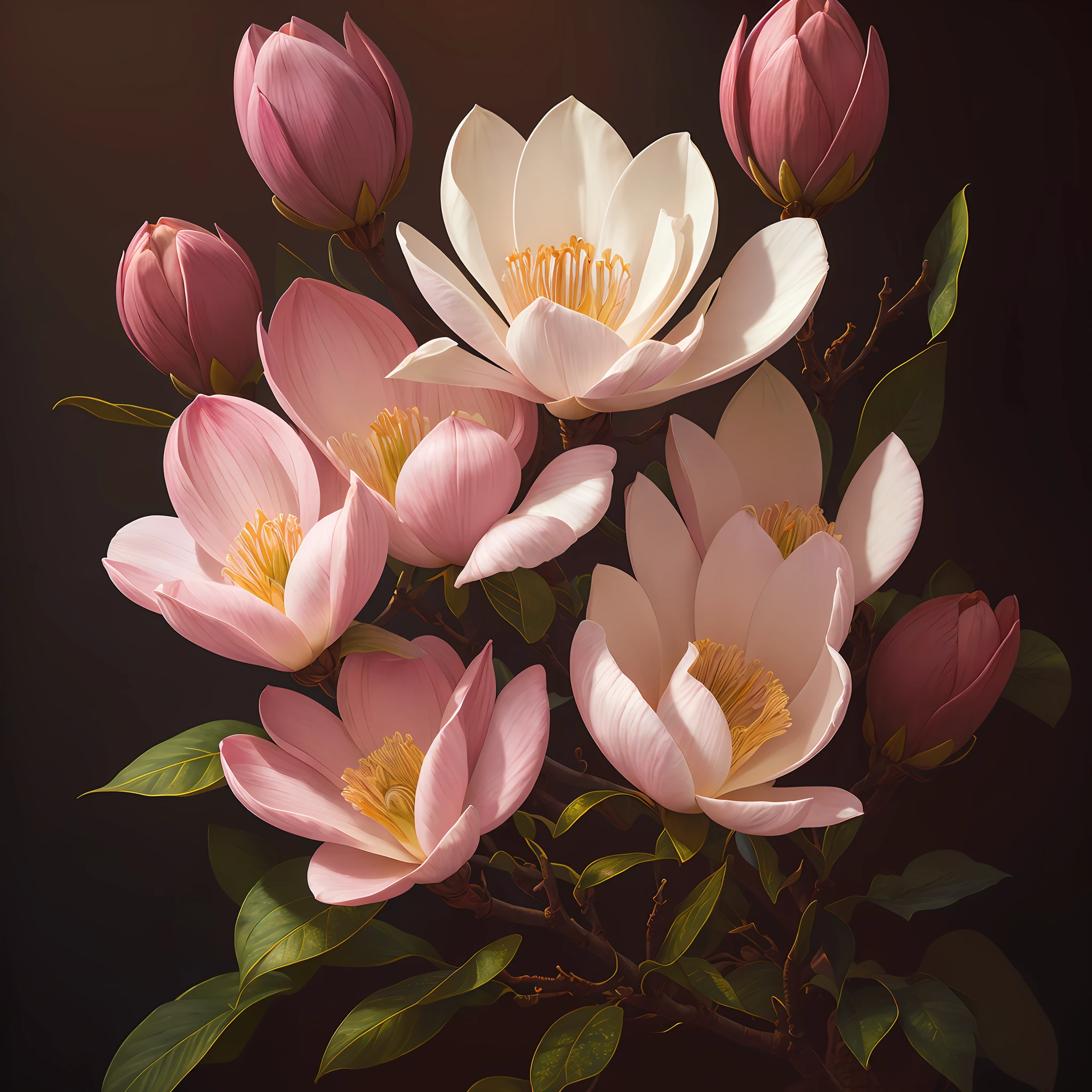 A flower by Casey Weldon, Olga Kvasha, Miho Hirano, hyperdetailed intricately detailed gothic art trending on Artstation triadic colors Unreal Engine 5 detailed matte painting, deep color, fantastical, intricate detail, splash screen, complementary colors, fantasy concept art, 8k resolution, gothic deviantart masterpiece, (dark shot:0.9), art by greg rutkowski and artgerm, soft cinematic light, adobe lightroom, photolab, hdr, intricate, highly detailed, magnolia