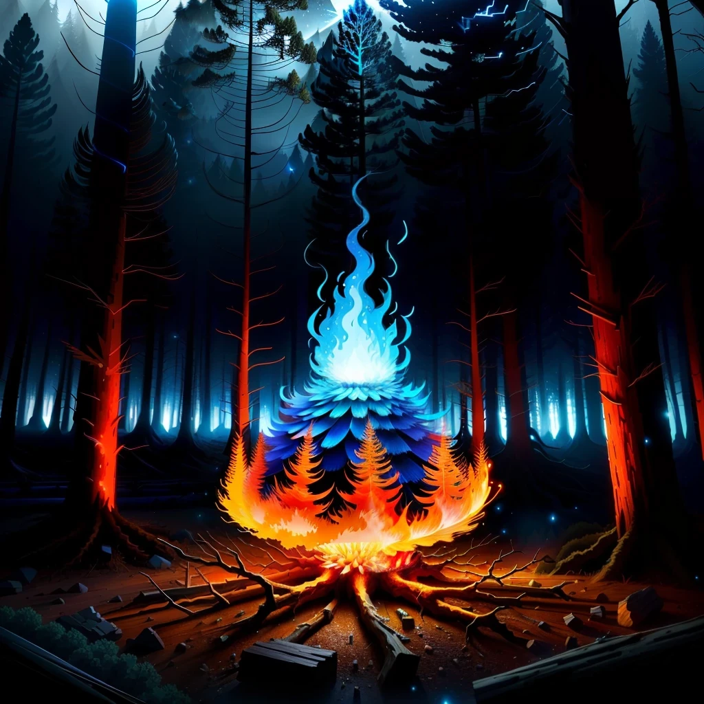 A flaming anthill in the shape of an electric blue pine gable, gloomy forest, dead trees, sparkling blue firefly, 4K, ultra-realistic