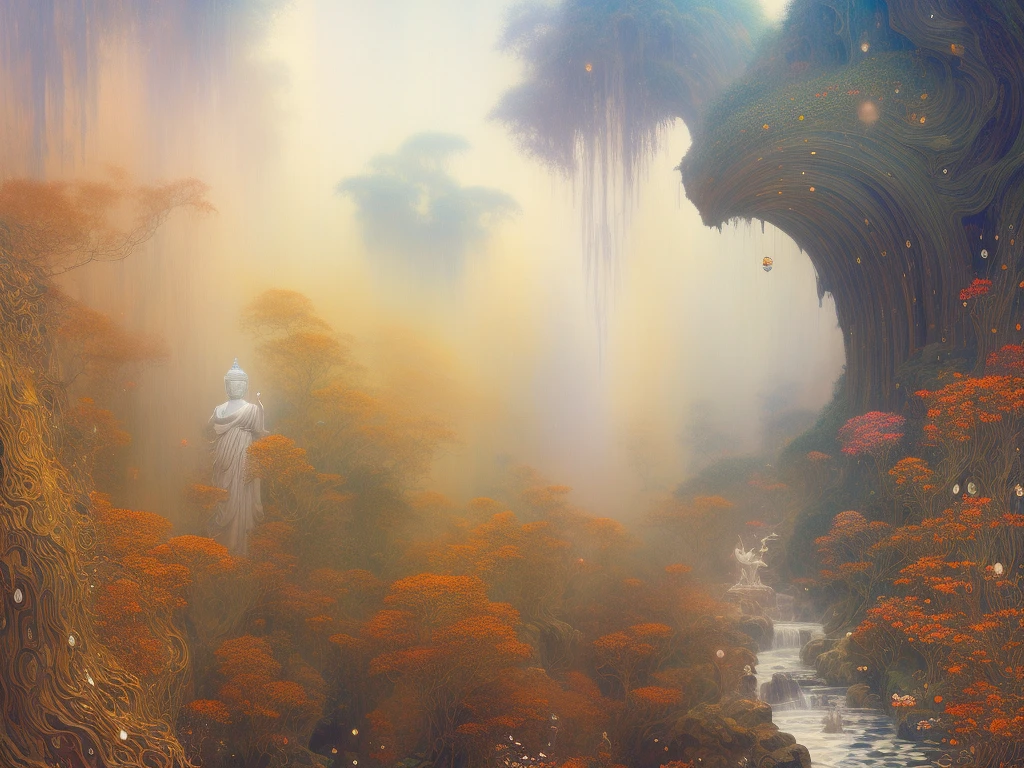 A group of people and animal disturb the Buddha, handsome man, Megical environment, attacking, golden and white, drip outfit, heavy rain, magical, highly detailed, trending on artstation, unreal engine 4 k, cinematic wallpaper by stanley artgerm lau, wlop, rossdraws, james jean, andrei riabovitchev, marc simonetti, yoshitaka amano. background by james jean and gustav klimt, light by julie bell, 4 k, porcelain skin, style of zdislaw beksinski, detailed, 8k, dynamic lighting, white chromatic aberration, soaking wet