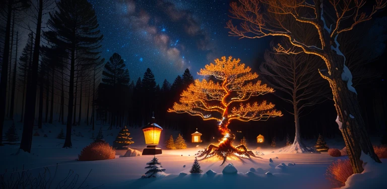an anthill in the shape of an autumn-colored pine cone, gloomy forest, dead trees, lanterns in the branches, Owl in a tree, blue moon in the starry sky, sparkling blue firefly, 4K, ultra-realistic-upscale