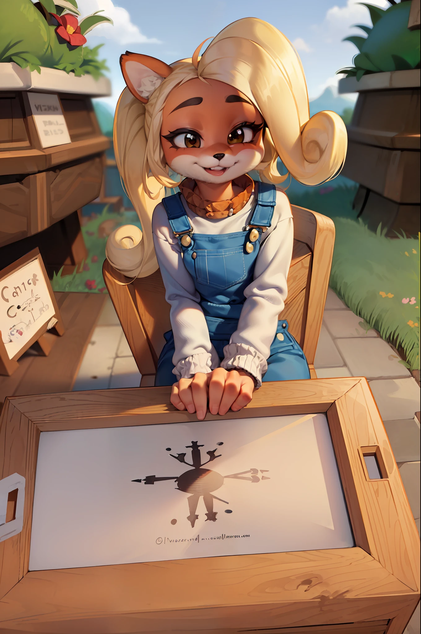 coco furry, detailed and extremely fluffy body fur, fluff, masterpiece, looking up beautiful surroundings, detailed background, happy, overalls, white shirt, sfw,