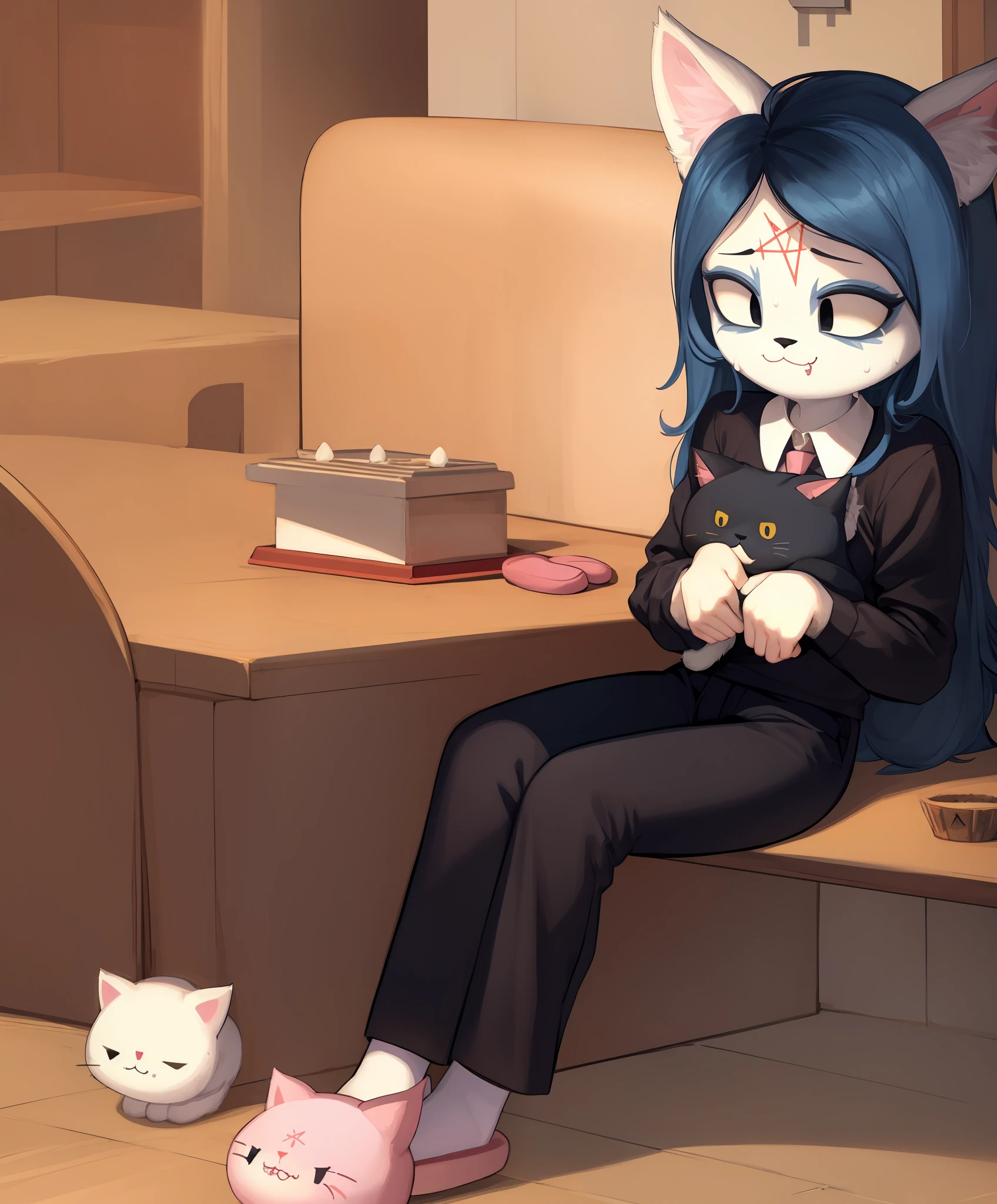 Claire, furry cat, white fur, short blue hair, separated bangs, fangs, black eyes, well-drawn cleft pupils, :3, pentagram mark on forehead, pink animal slippers, cat ears, cat's nose, closed mouth, smile, solo, full body, white outline, (masterpiece) white shirt with tie, sweating, black pants, Kobeni, sitting