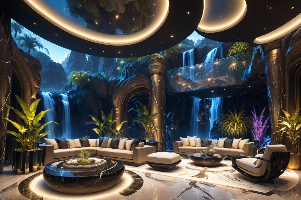 incredible luxurious futuristic living room interior in Ancient Egyptian style with many ((lush plants)) (lotus flowers), ((palm trees)), rocky walls, (sand), ((waterfalls)) (marble), ((precious minerals)), ((metals)), (gemstones), crystals, clouds and ((water)), curvy futuristic furniture, ((plants made out of gemstones and precious minerals)), crocodiles, (hieroglyphics), (((ultra luxury))), (black marble) – with ((beautiful lights)), Unreal Engine, HQ, 16k