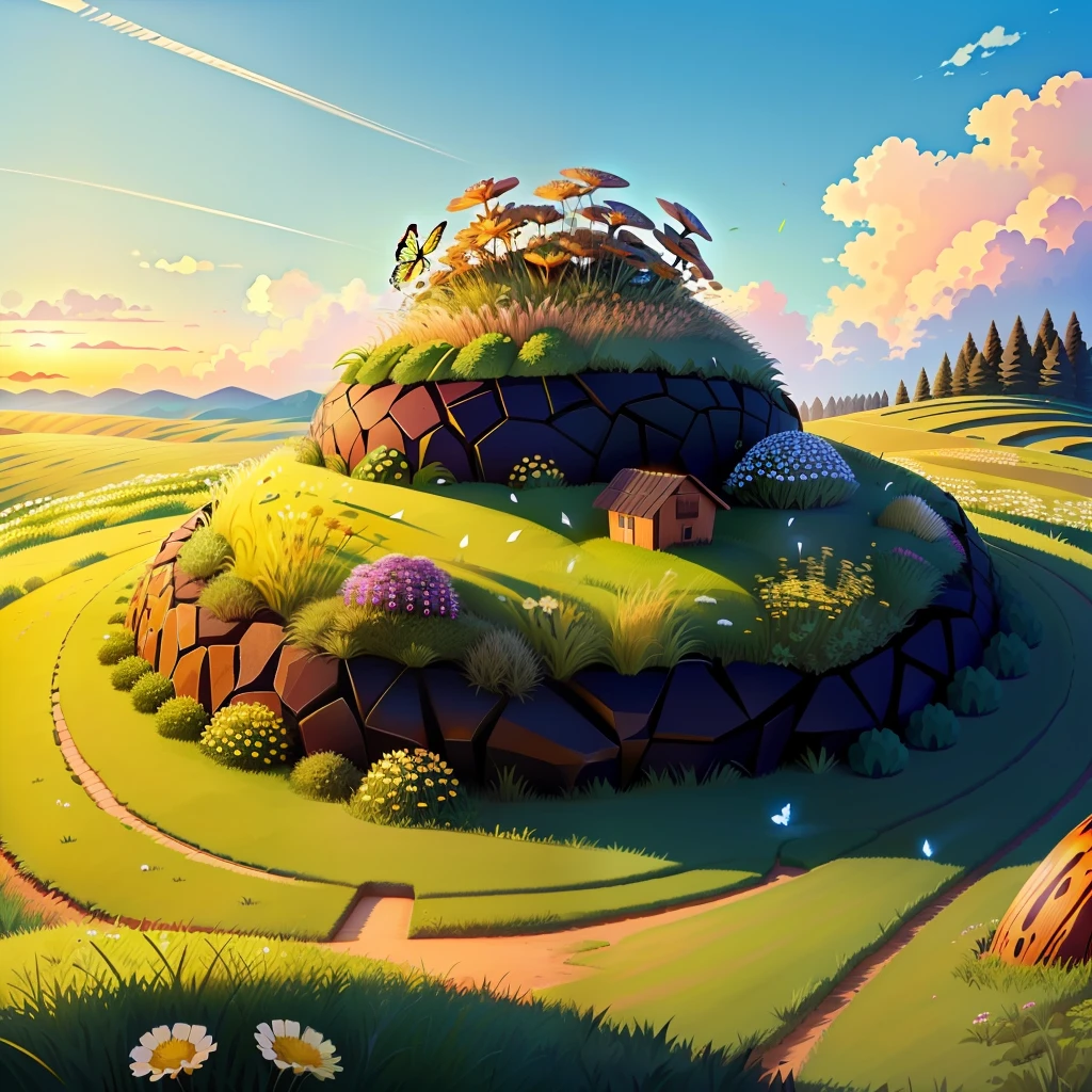 Realistic. hill-shaped anthill, with green grass on top. Small flowers look like candy scattered in the grass. On the edge of an anthill sits a butterfly.
