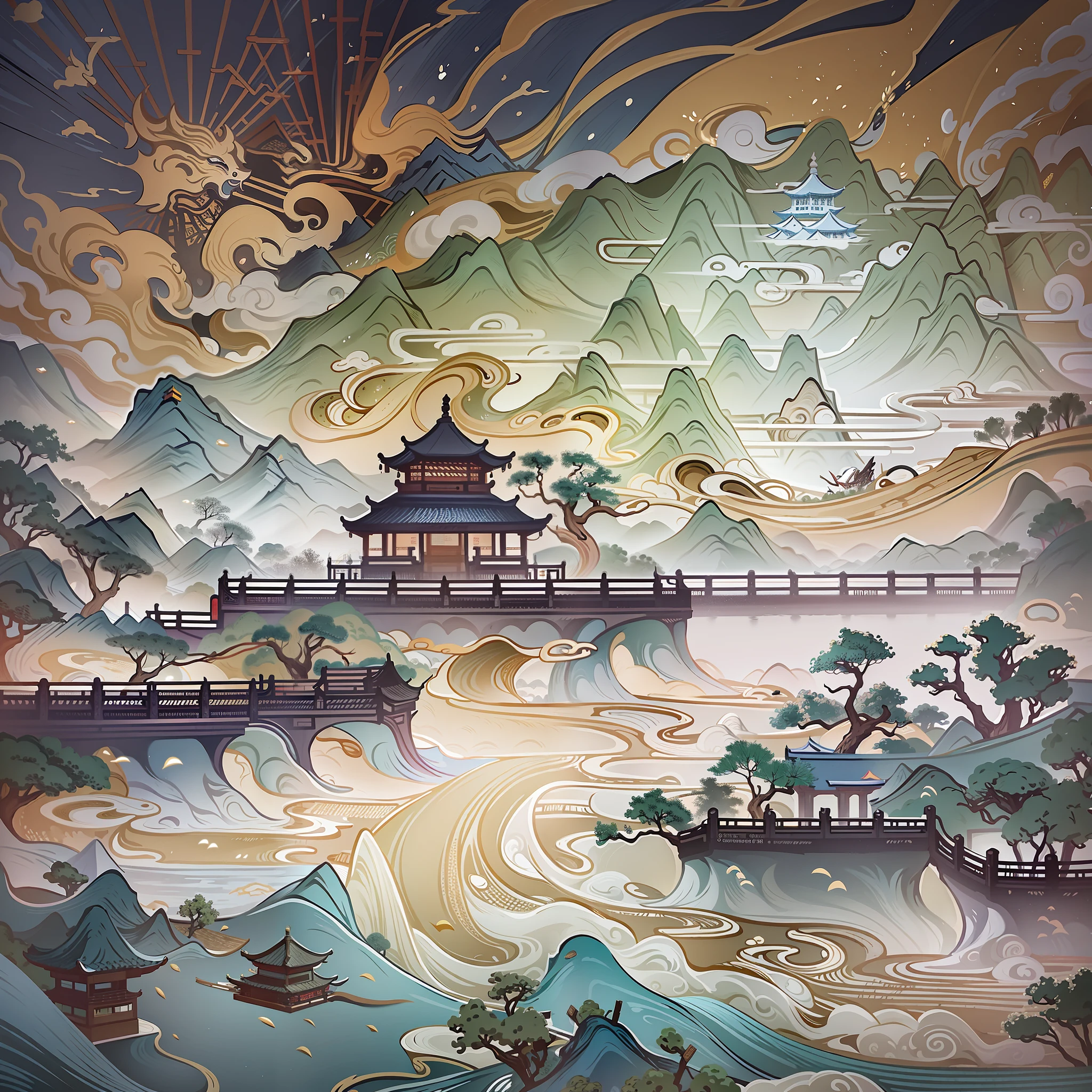 An ancient Chinese painting, ancient Chinese background, mountains, rivers, auspicious clouds, pavilions, sunshine, masterpieces, super detail, epic composition, ultra HD, high quality, extremely detailed, official art, unified 8k wallpaper, Super detail, 32k -- v 6