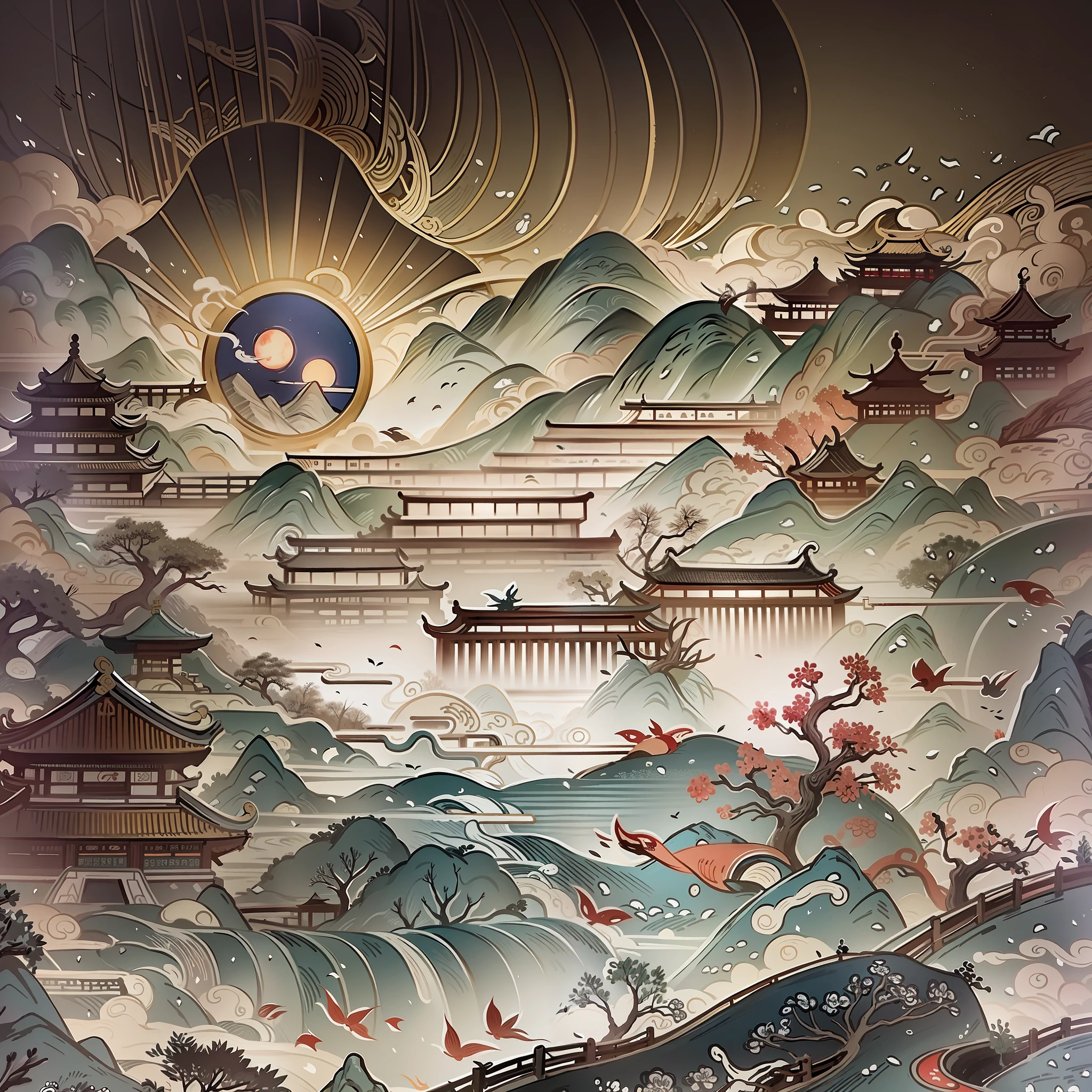 An ancient Chinese painting, ancient Chinese background, mountains, rivers, auspicious clouds, pavilions, sunshine, masterpieces, super detail, epic composition, ultra HD, high quality, extremely detailed, official art, unified 8k wallpaper, Super detail, 32k -- v 6