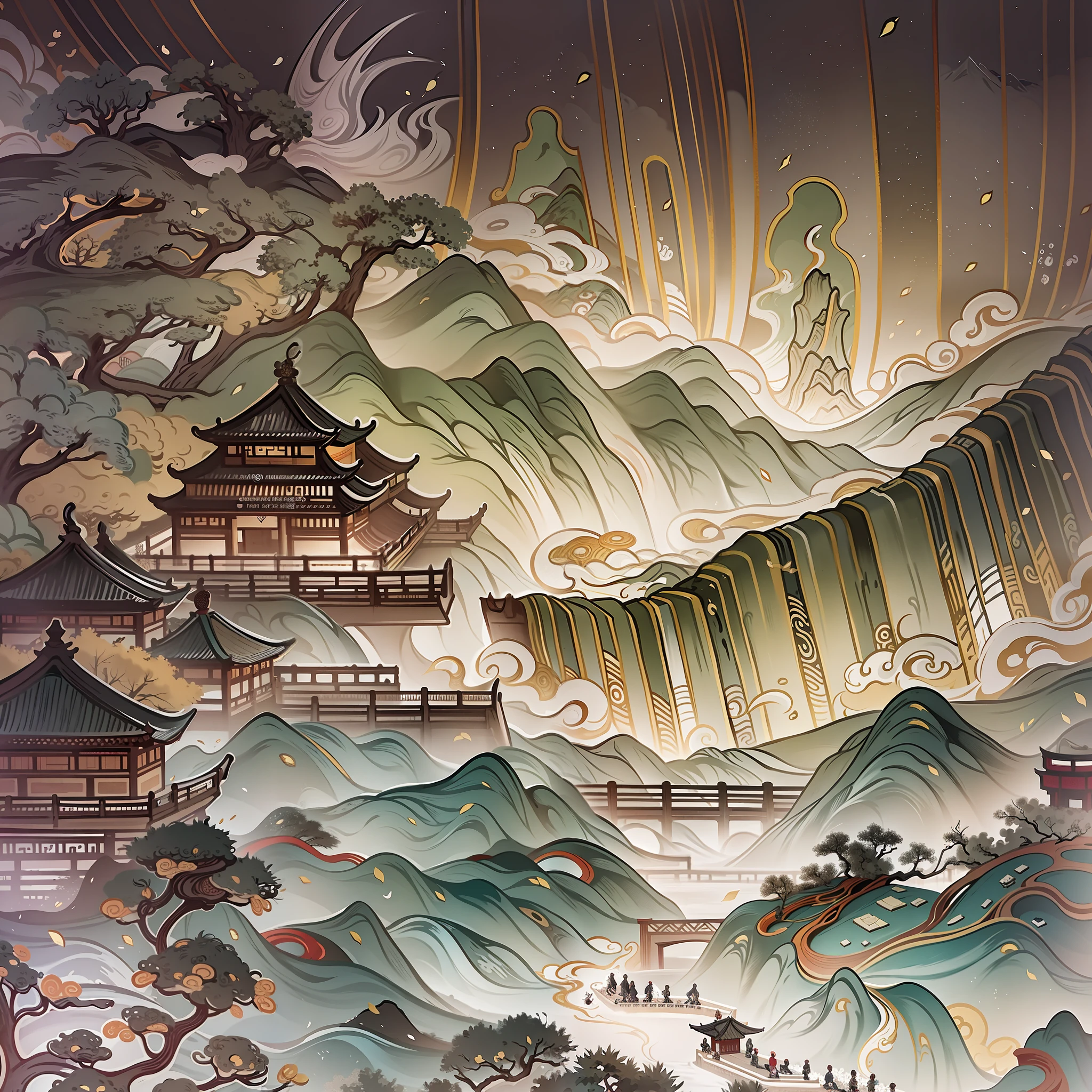 An ancient Chinese painting, ancient Chinese background, mountains, rivers, auspicious clouds, pavilions, sunshine, masterpieces, super detail, epic composition, ultra HD, high quality, extremely detailed, official art, unified 8k wallpaper, Super detail, 32k -- v 6