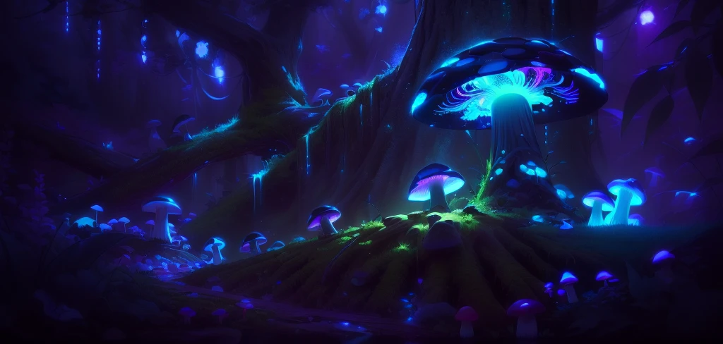 Masterpiece, best quality, (microcosm:1.4), focal length, (night:1.6), (fluorescent:1.5), mushroom, dappled light,cartoon style,moonlight,