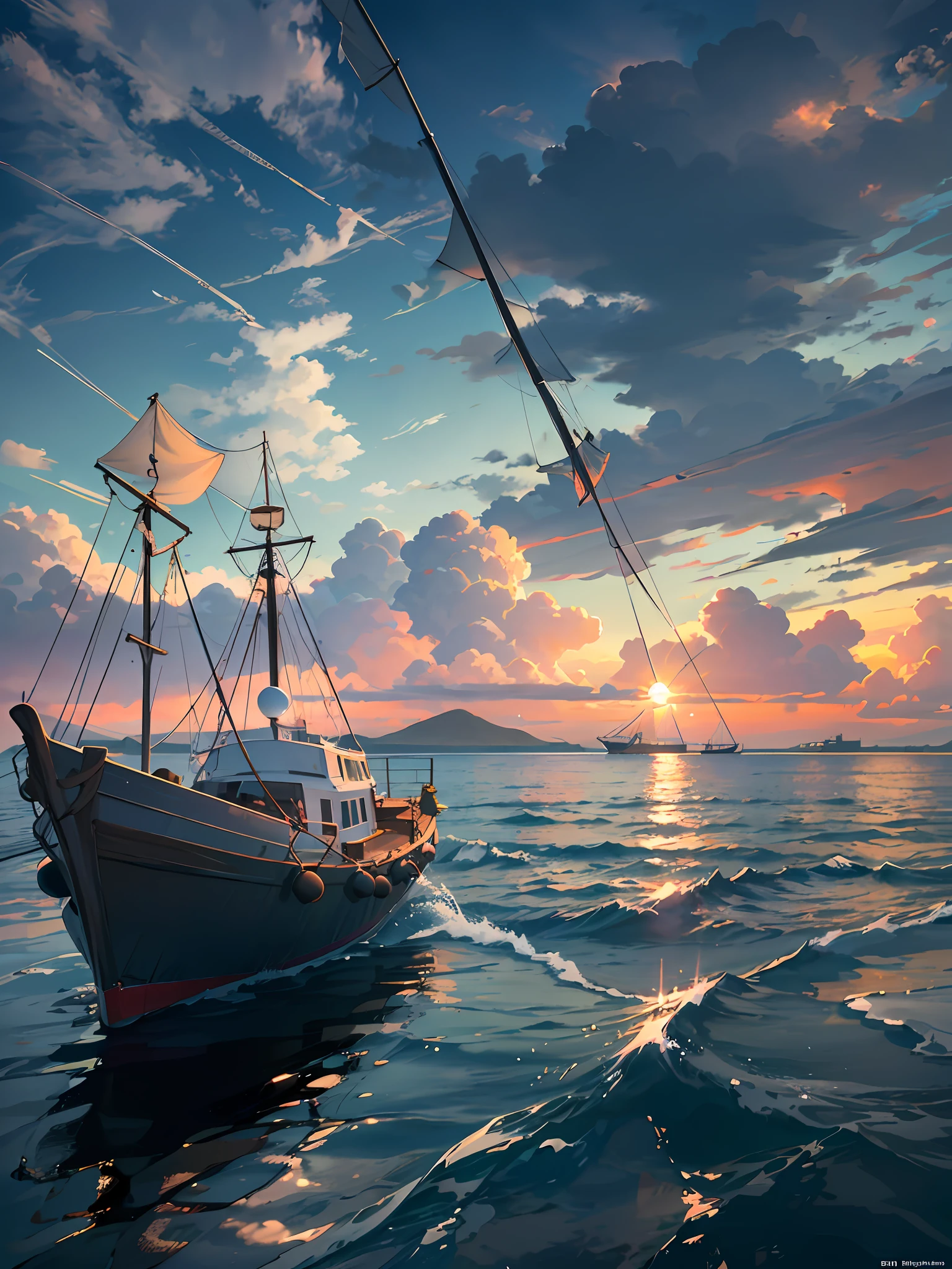Wallpaper, seaside, dark clouds, sea breeze, fishing boat, sunset, sunset, reef, depth of field, hot weather, HD detail, wet watermark, hyperdetail, cinematic, surrealism, soft light, deep field focus bokeh, ray tracing, diffuse (ultra-fine glass reflection) and surrealism. --v6