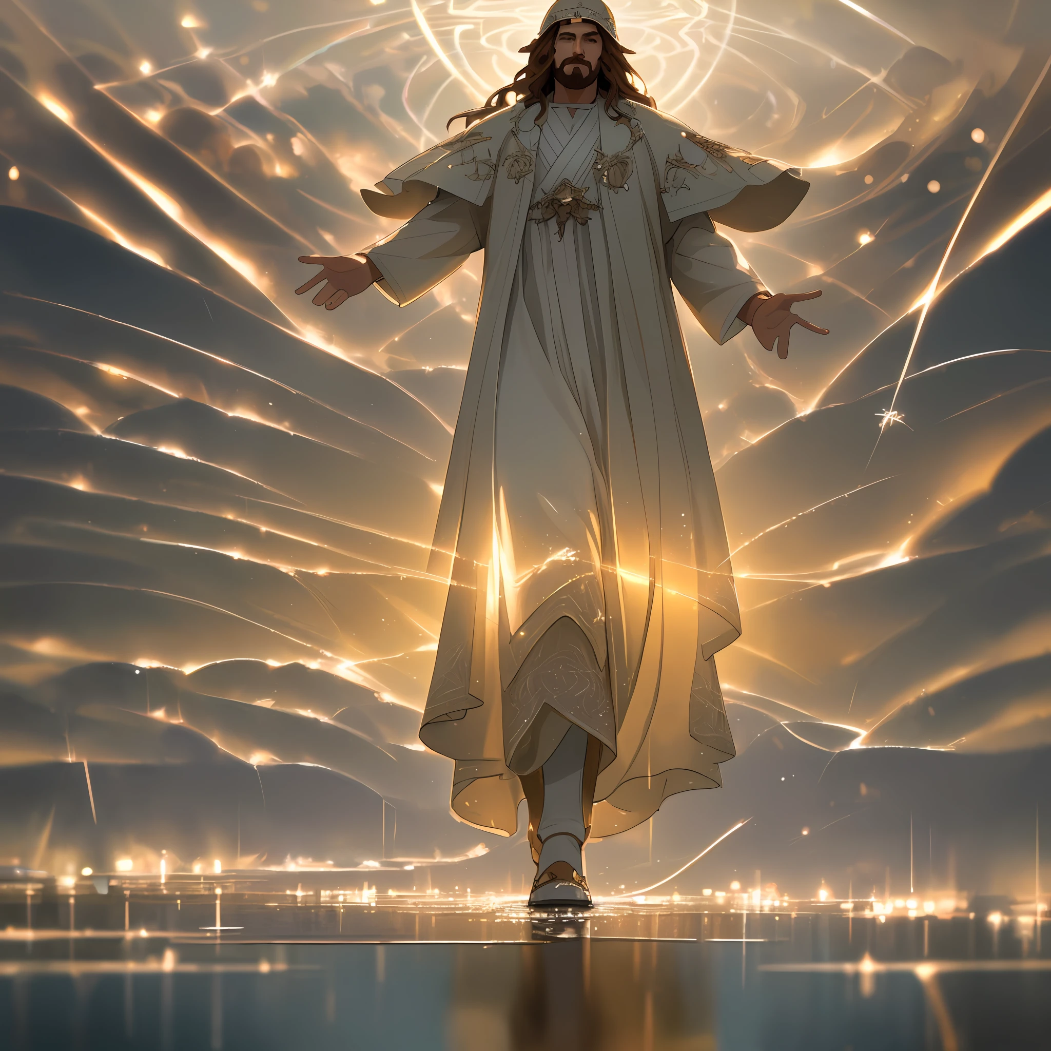 jesus walking on water in a storm, masterpiece, best quality, high quality, extremely detailed CG unit 8k wallpaper, award winning photography, Bokeh, Depth of Field, HDR, bloom, Chromatic aberration, photorealistic, extremely detailed, trending on artstation, trending on CGsociety, intricate, high detail, dramatic, mid-journey art, volumetric lighting