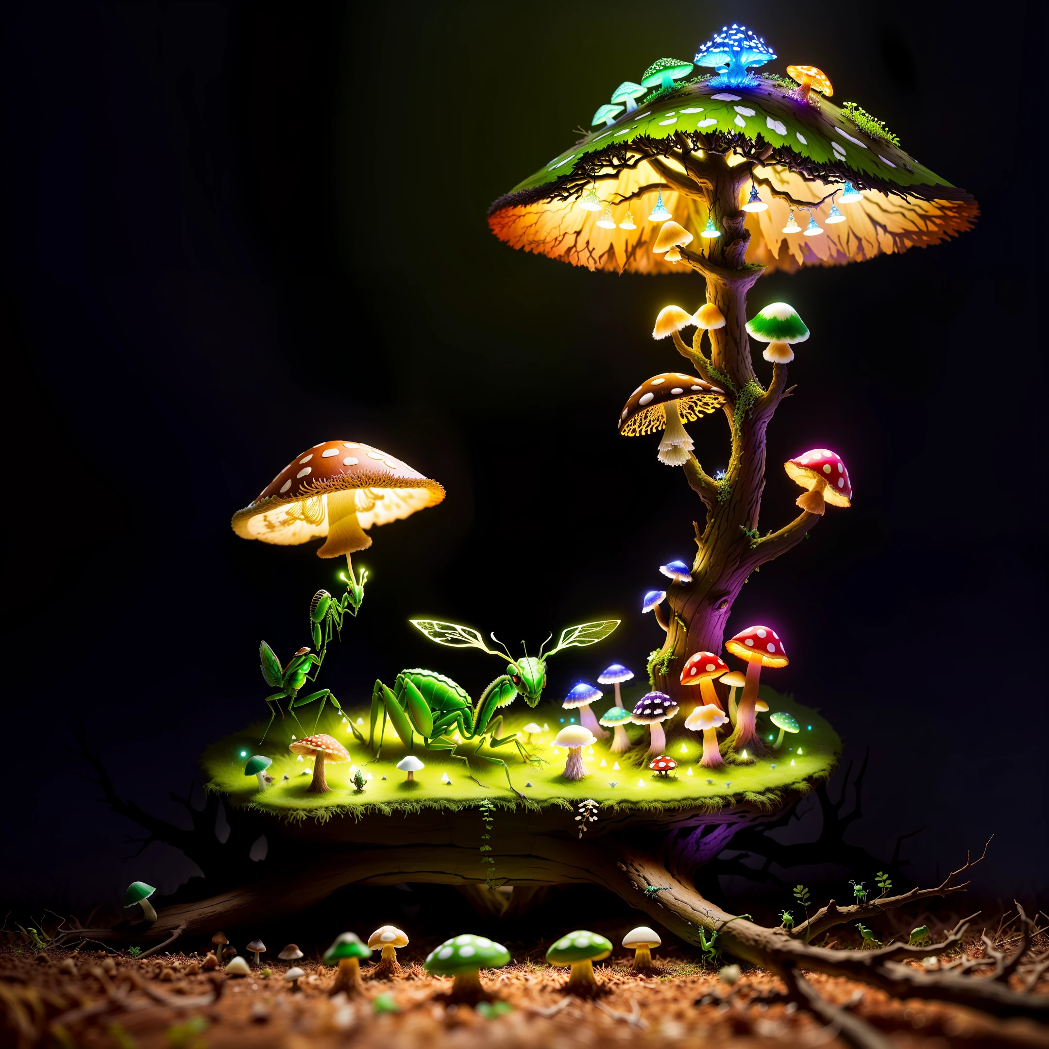 Fantasy, 3D, fallen tree trunk taken over by ants with mushrooms growing on the side, fairy lights on the botton and a Green Praying Mantis on the top