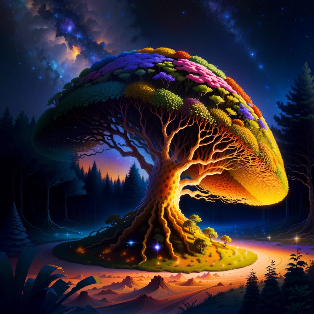 an anthill held by sippos in a forest, realistic with vivid colors in a starry sky