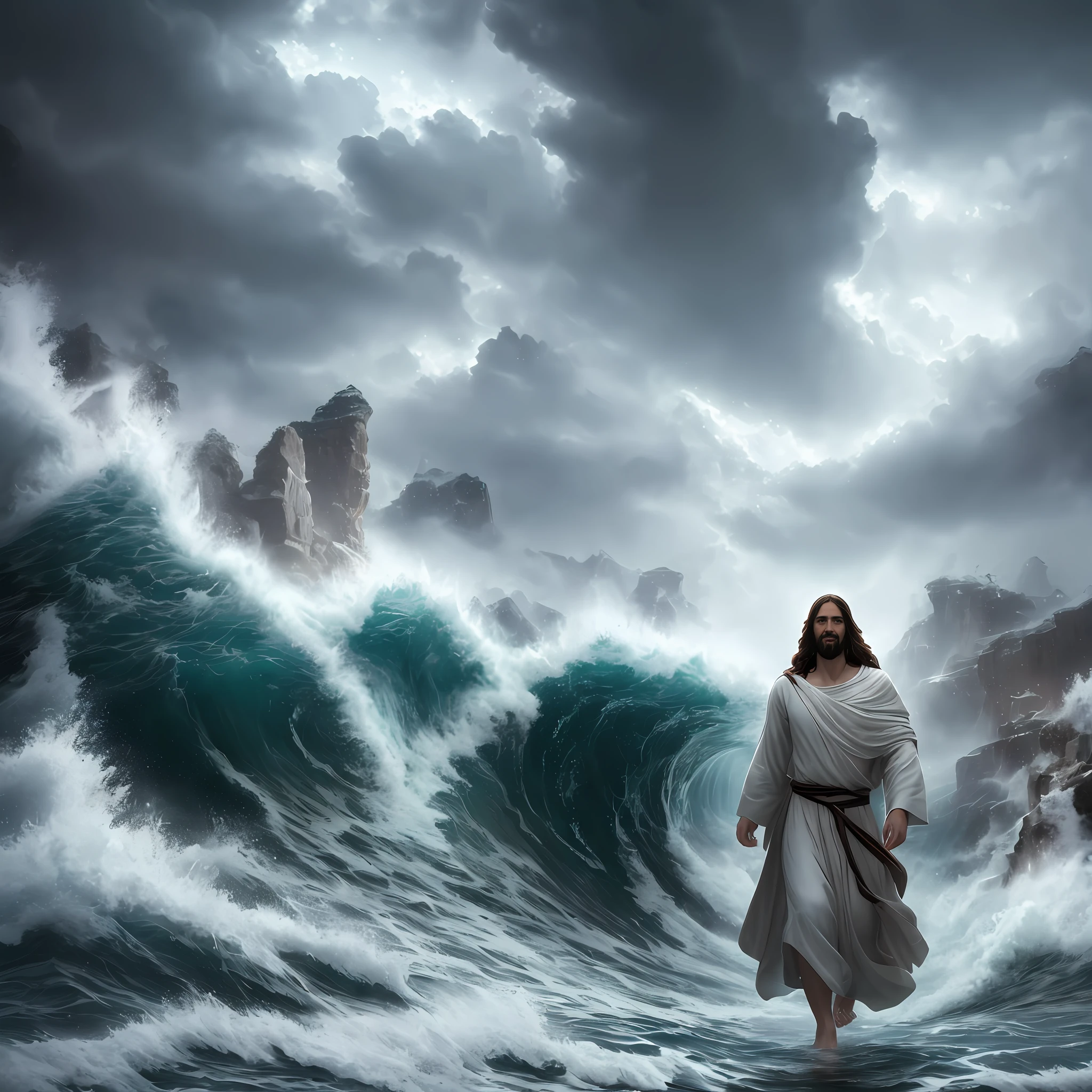 jesus walking on water in a storm, masterpiece, best quality, high quality, extremely detailed CG unit 8k wallpaper, award winning photography, Bokeh, Depth of Field, HDR, bloom, Chromatic aberration, photorealistic, extremely detailed, trending on artstation, trending on CGsociety, intricate, high detail, dramatic, mid-journey art, volumetric lighting