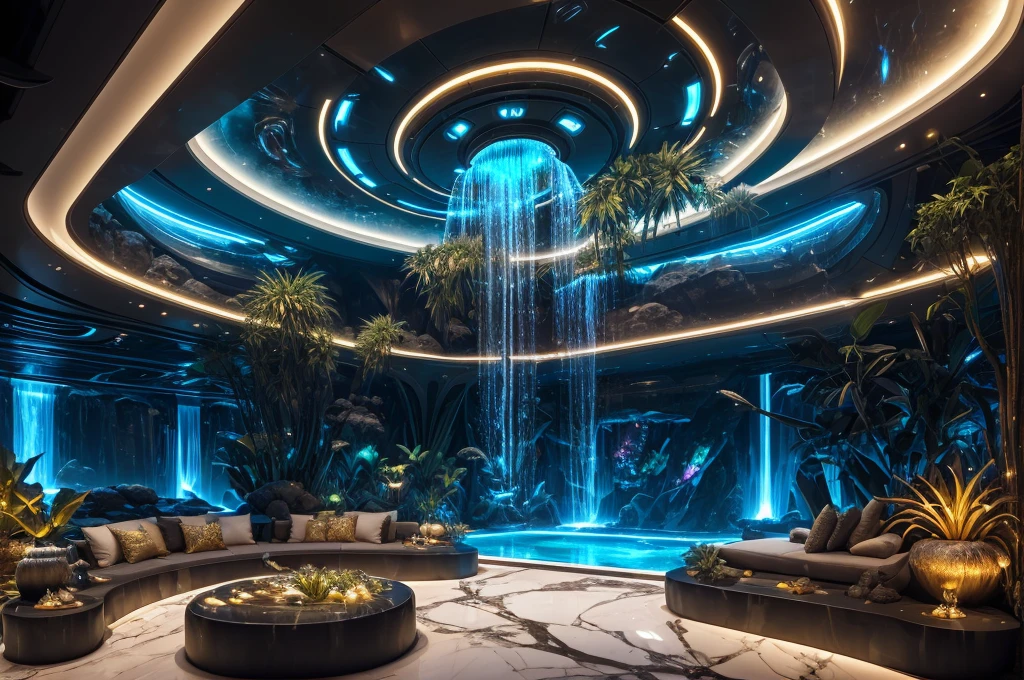 incredible luxurious futuristic interior in Ancient Egyptian style with many ((lush plants)) (lotus flowers), ((palm trees)), rocky walls, (sand), ((waterfalls)) (marble), ((precious minerals)), ((metals)), (gemstones), crystals, clouds and ((water)), (curvy futuristic furniture), ((plants made out of gemstones and precious minerals)), crocodiles, (hieroglyphics), (((ultra luxury))), (black marble) – with ((beautiful lights)), Unreal Engine, HQ, 16k