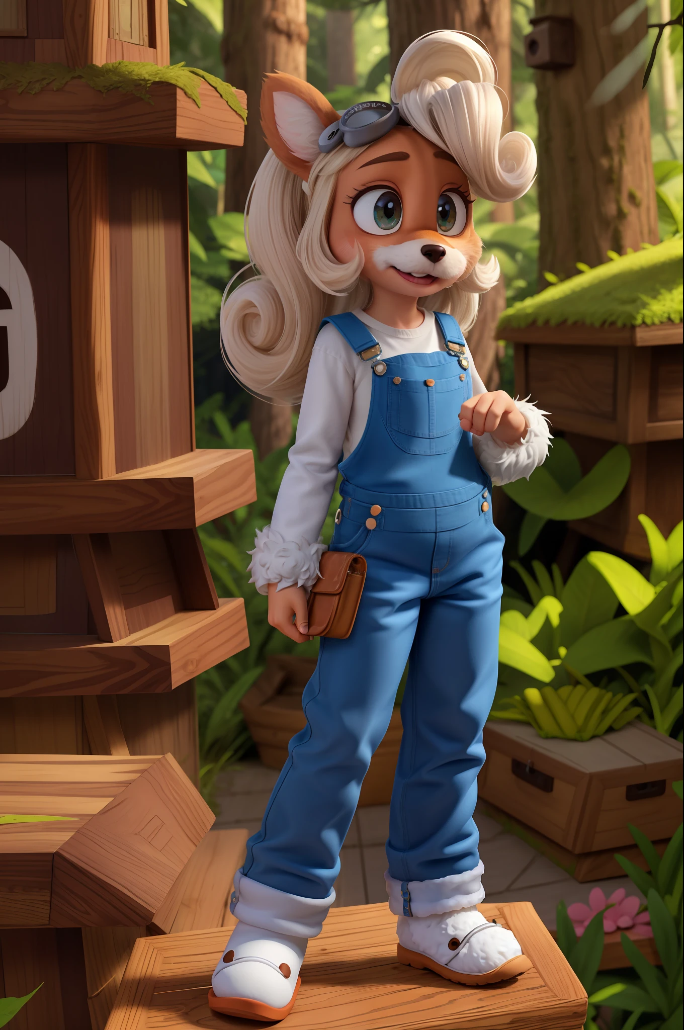 coco furry, detailed and extremely fluffy body fur, fluff, masterpiece, looking up beautiful surroundings, detailed forest background, happy, overalls, white shirt, sfw,