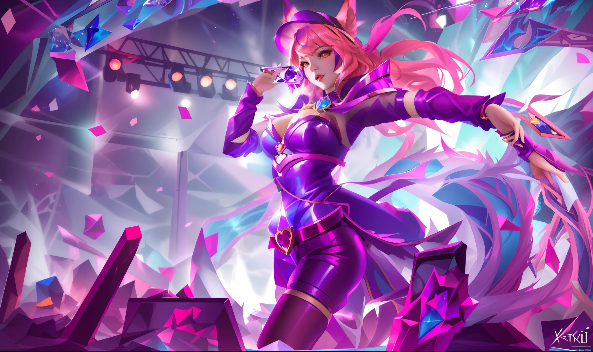 there is a woman that is standing in front of a crowd, seraphine ahri kda, ig model | artgerm, portrait of ahri, kda, ahri, official splash art, extremely detailed artgerm, style artgerm, lux from league of legends, artgerm on artstation pixiv, artgerm style