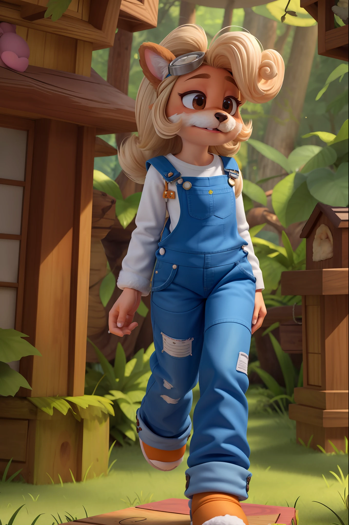 coco furry, detailed and extremely fluffy body fur, fluff, masterpiece, looking up beautiful surroundings, detailed forest background, happy, overalls, white shirt, sfw,