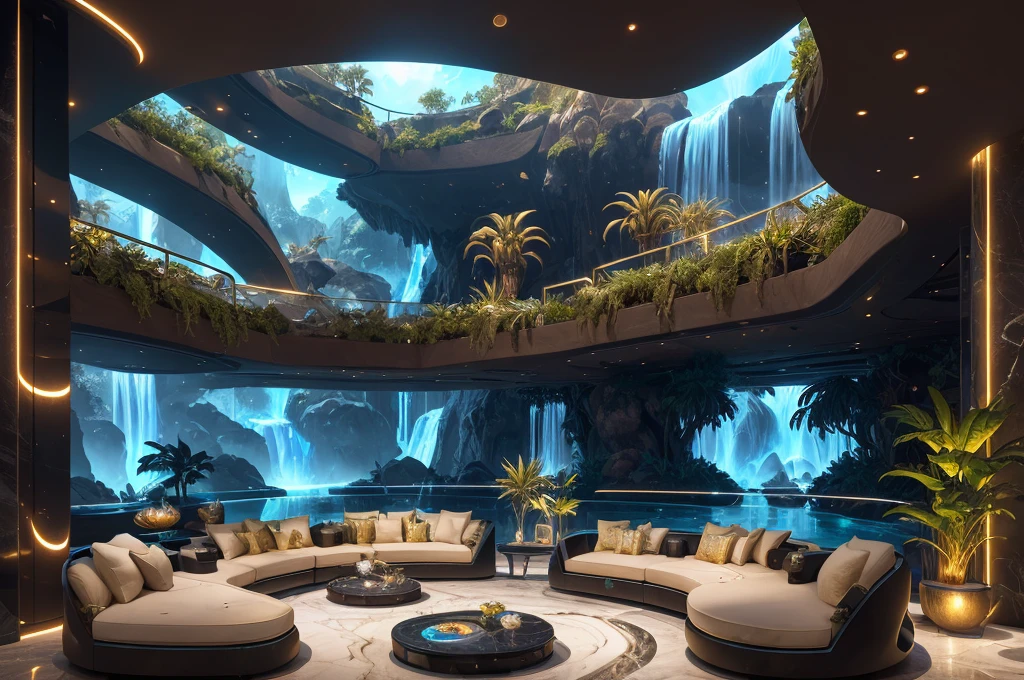 incredible luxurious futuristic living room interior in Ancient Egyptian style with many ((lush plants)) (lotus flowers), ((palm trees)), rocky walls, (sand), ((waterfalls)) (marble), ((precious minerals)), ((metals)), (gemstones), crystals, clouds and ((water)), (curvy futuristic furniture), ((plants made out of gemstones and precious minerals)), crocodiles, (hieroglyphics), (((ultra luxury))), (black marble) – with ((beautiful lights)), Unreal Engine, HQ, 16k