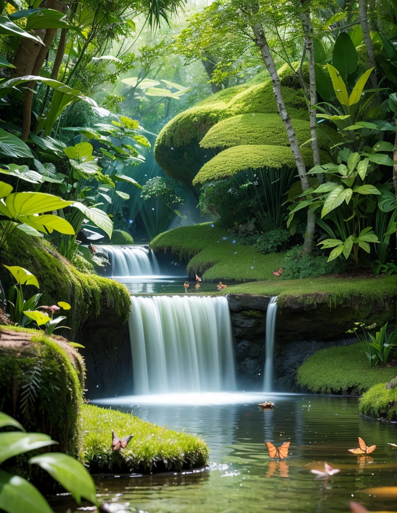 A masterpiece, the best quality, stunning reflections, the best reflections ever. (very detailed CG unity 8k wallpapers), (best quality), (best illustrations), (best shadows), forest theme with natural elements. Tall trees, quiet streams, small glowing mushrooms surrounded by delicate leaves and branches, with fireflies and glowing particle effects,, (natural elements), (jungle theme), (leaves), (twigs), (fireflies), butterflies, (delicate leaves), (glow), (particle effects). , Isometric 3D, Octane Rendering, Ray Traced, Super Detailed