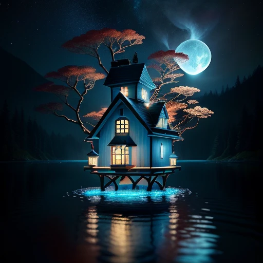 A small lantern-shaped house floating in the middle of a lake, floating iceberg, surrounded by an enchanted and mysterious forest, a blue moon in a starry sky, 4K, ultra-realistic-upscale-imagine