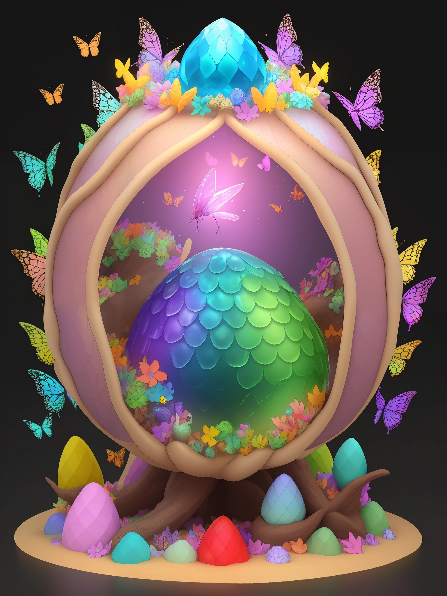 mystical, 3 D, anthill made of colorful dragonegg shell, a colorful crystal dragon on top surrounded with butterflies and flowers