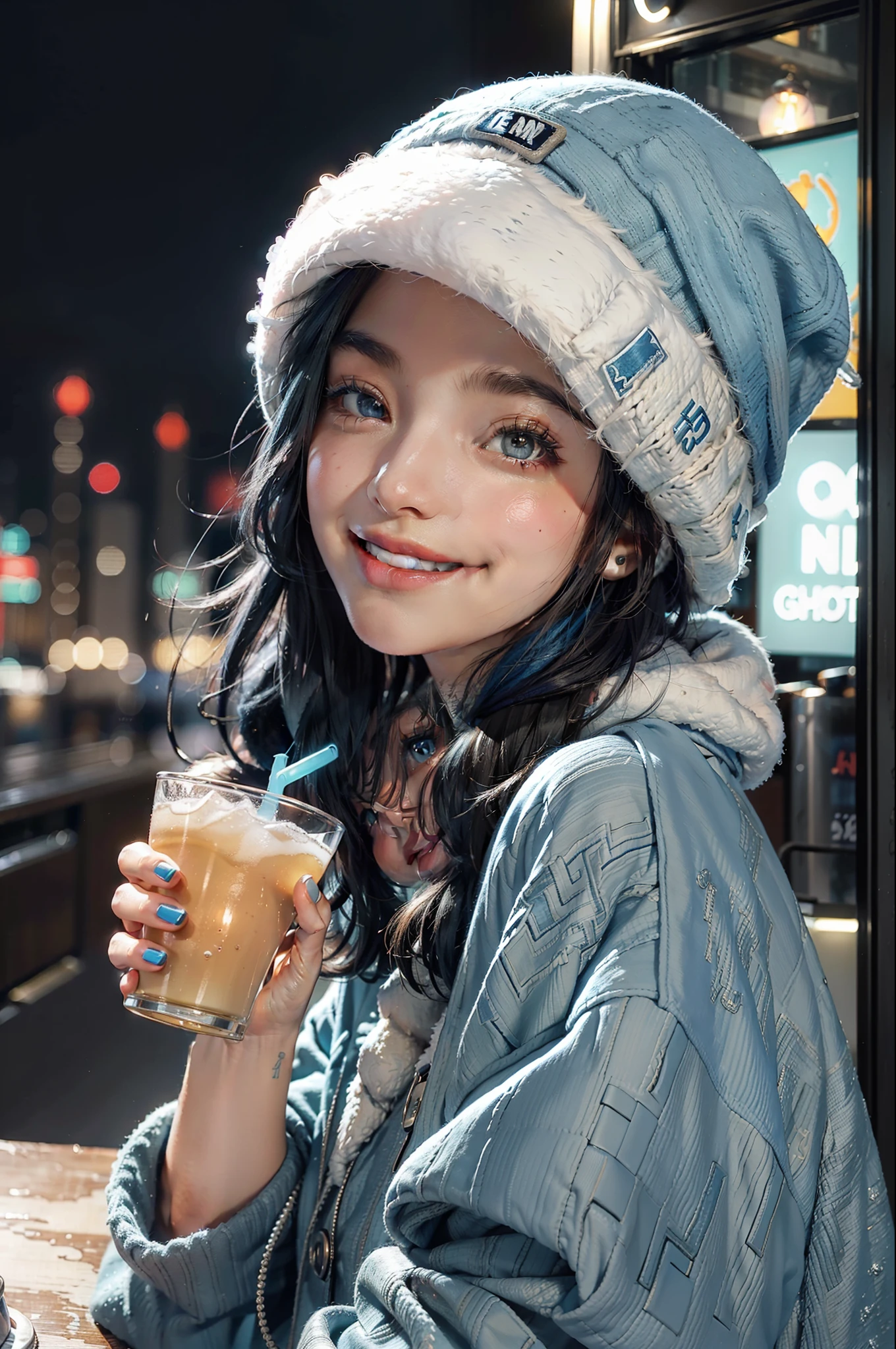 ((winter fashion), cozy, (cityscape:1.2+neon lights), (refreshing drink:0.8), ((1girl)), (blue cap), (casual attire), (smiling
