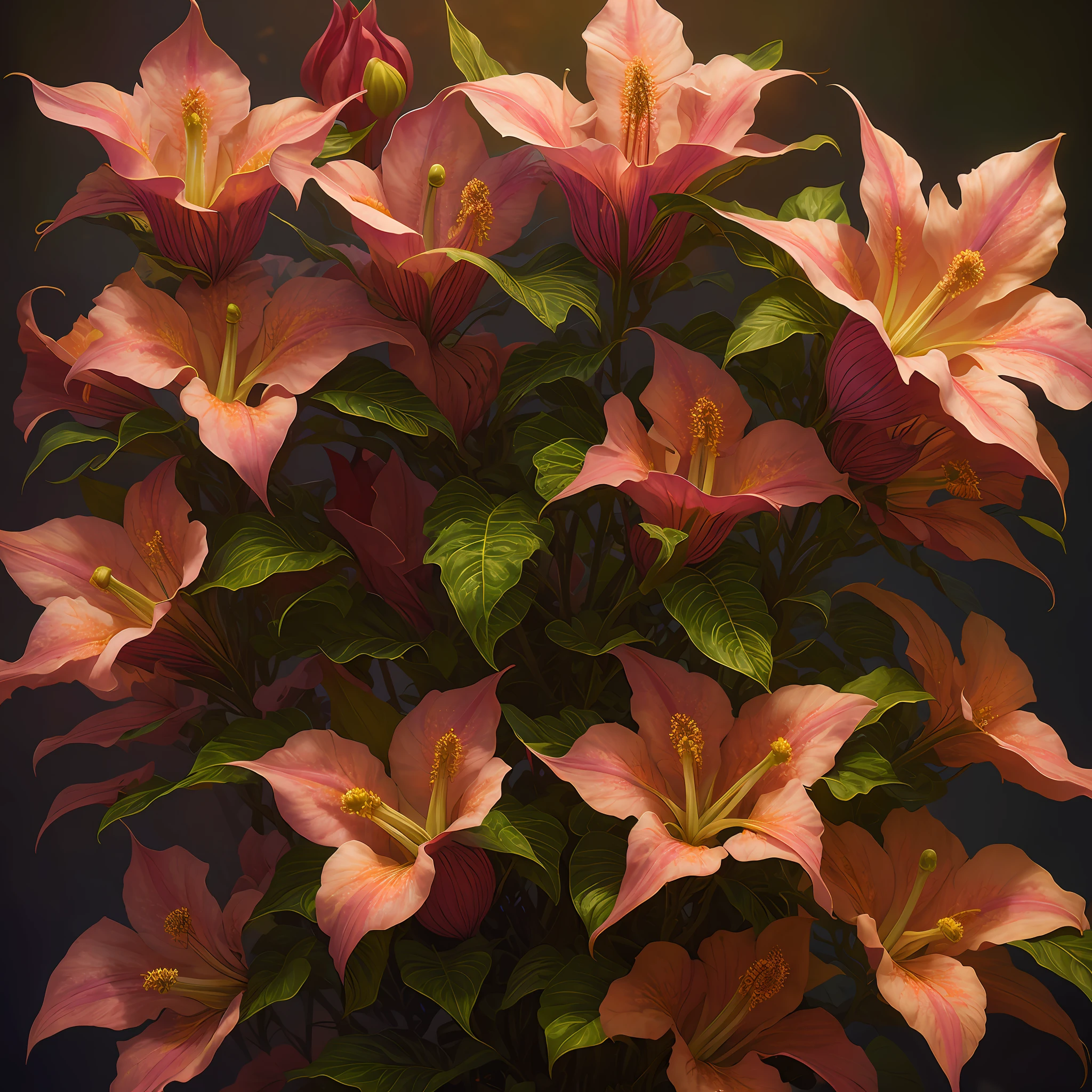 A flower by Casey Weldon, Olga Kvasha, Miho Hirano, hyperdetailed intricately detailed gothic art trending on Artstation triadic colors Unreal Engine 5 detailed matte painting, deep color, fantastical, intricate detail, splash screen, complementary colors, fantasy concept art, 8k resolution, gothic deviantart masterpiece, (dark shot:0.9), art by greg rutkowski and artgerm, soft cinematic light, adobe lightroom, photolab, hdr, intricate, highly detailed, datura