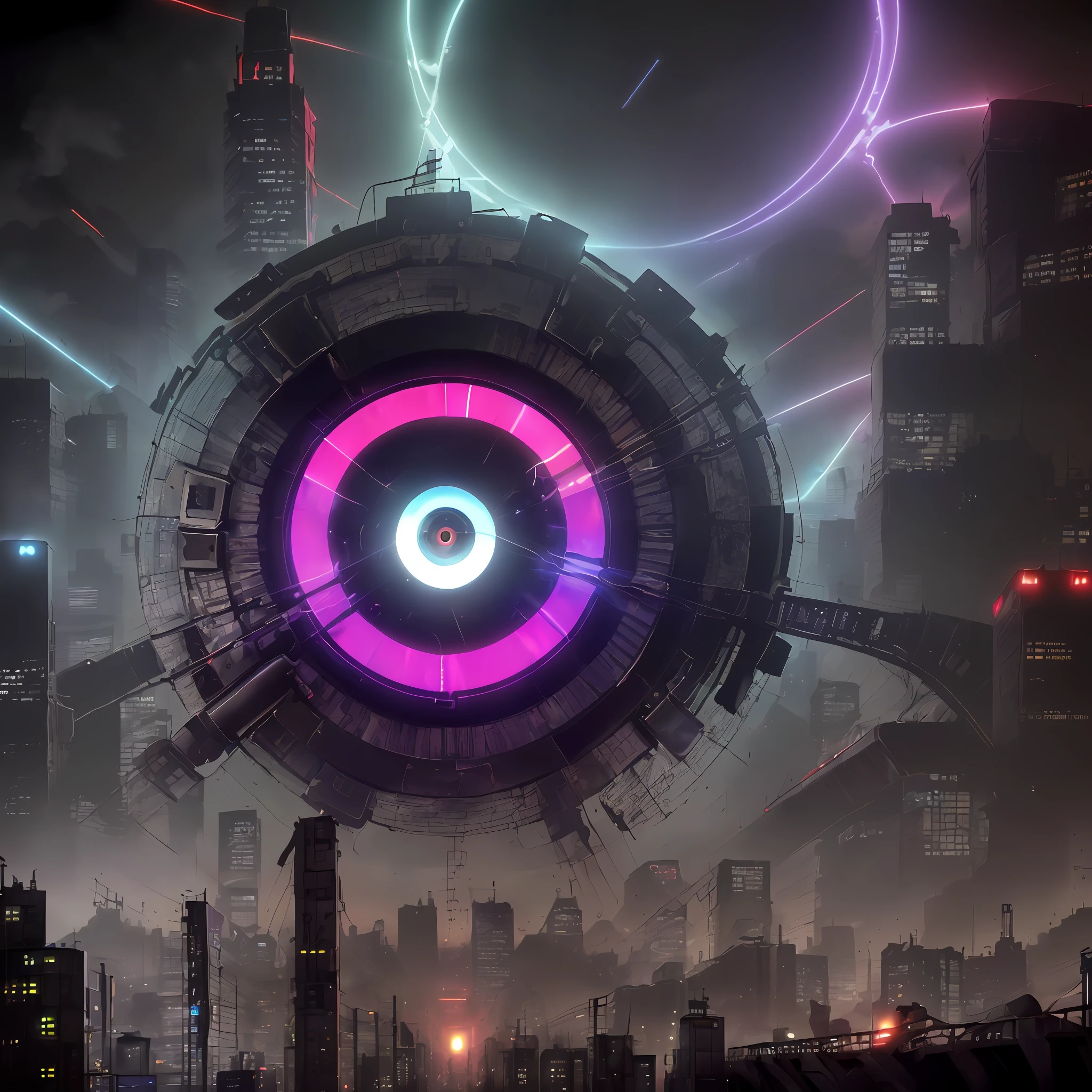 ((Picture details: [Stereoscopic] [Very high definition]), huge ([Eyes], [Pupil]) Reflection ([Cyberpunk City], [Giant Train]), [Depth Performance], (Scene description: as if right in front of you), (Colorful), Layering.