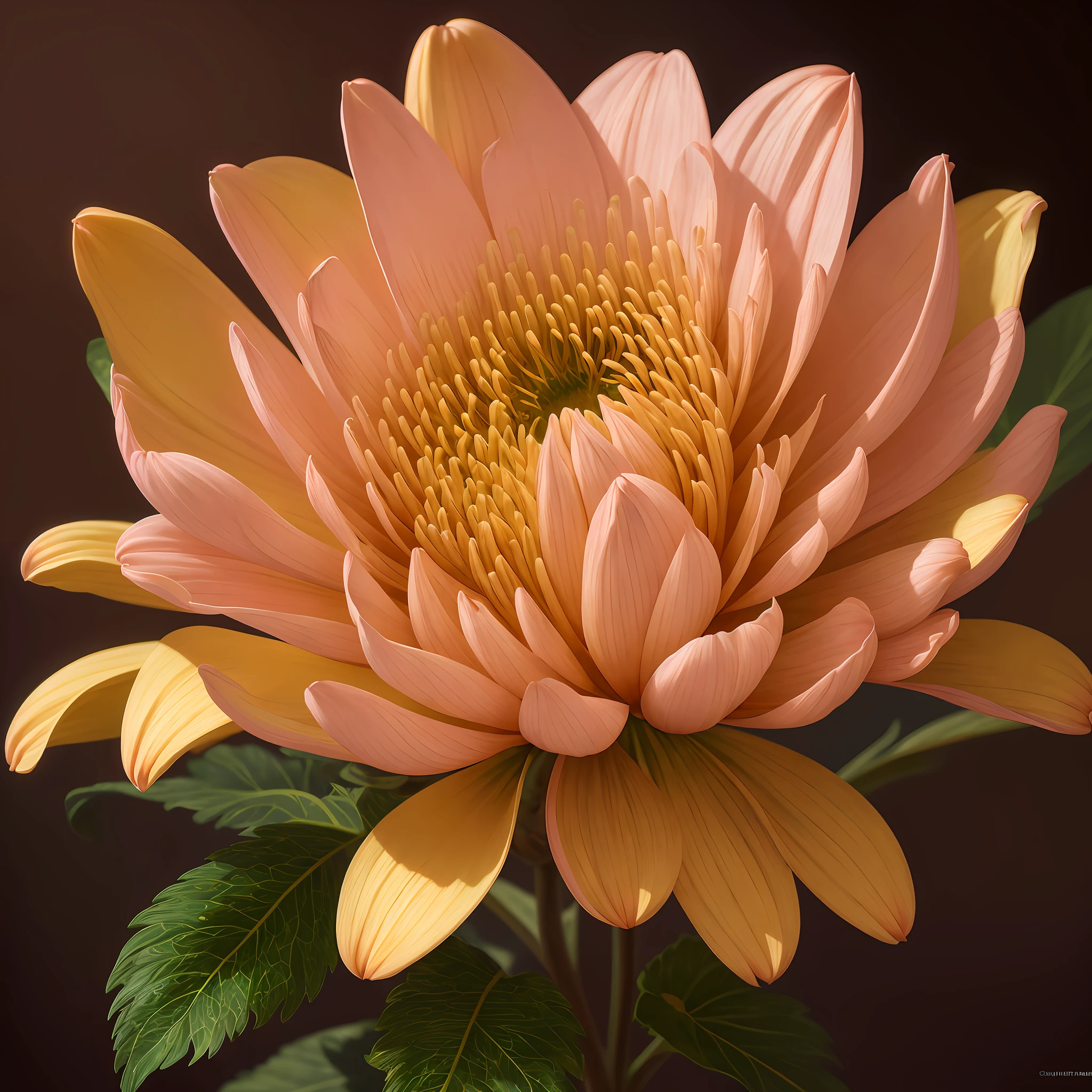 A flower by Casey Weldon, Olga Kvasha, Miho Hirano, hyperdetailed intricately detailed gothic art trending on Artstation triadic colors Unreal Engine 5 detailed matte painting, deep color, fantastical, intricate detail, splash screen, complementary colors, fantasy concept art, 8k resolution, gothic deviantart masterpiece, (dark shot:0.9), art by greg rutkowski and artgerm, soft cinematic light, adobe lightroom, photolab, hdr, intricate, highly detailed,  chrysanthemum