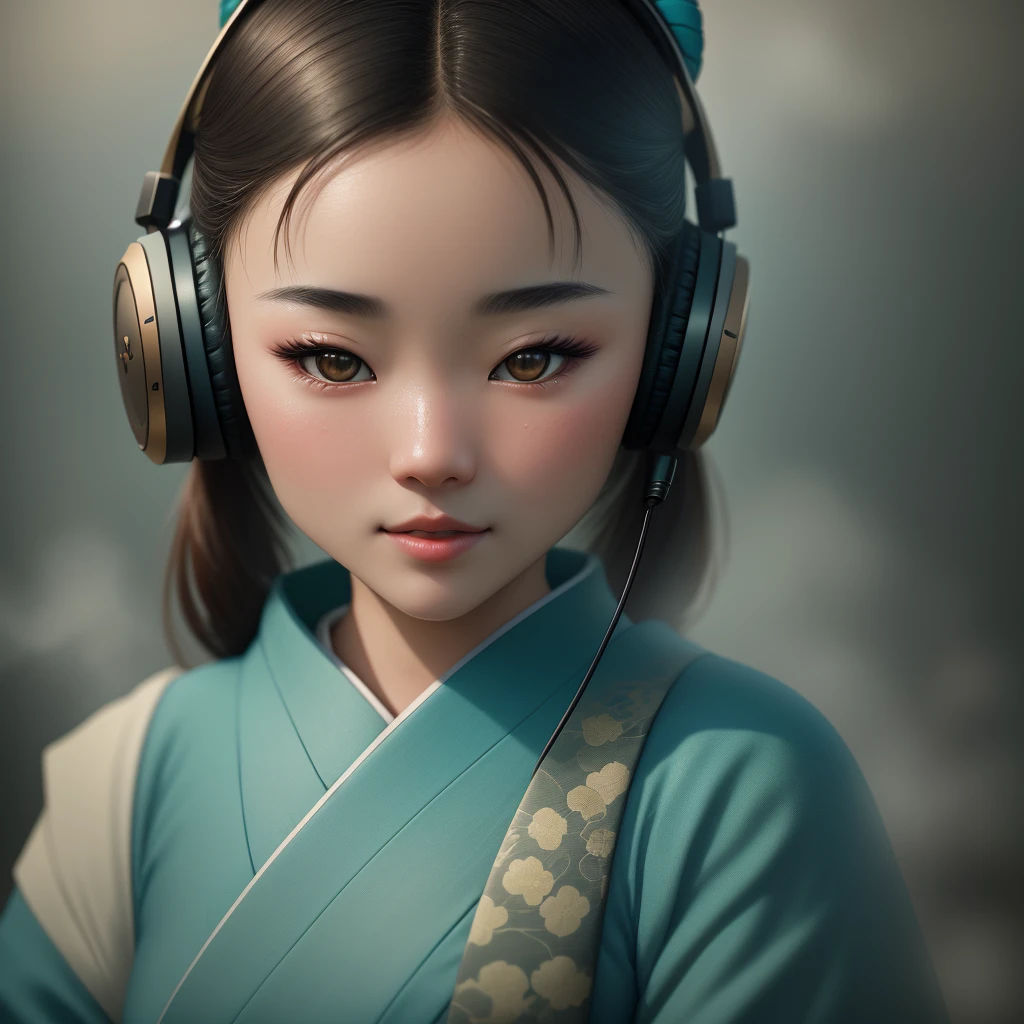 Teal background, award-winning ultra-high detail digital RAW color photo, close-up of ultra-detailed portrait of beautiful Japanese geisha, perfect body, ((with wireless headphones)), HDR, 8k resolution, smooth, (defocus): 1.7, (warm and soft ambient light): 1.8, atmospheric, realistic, (volumetric fog): 1.6, depth of field, realistic style, side lighting, shot on a KODAK cassette camera