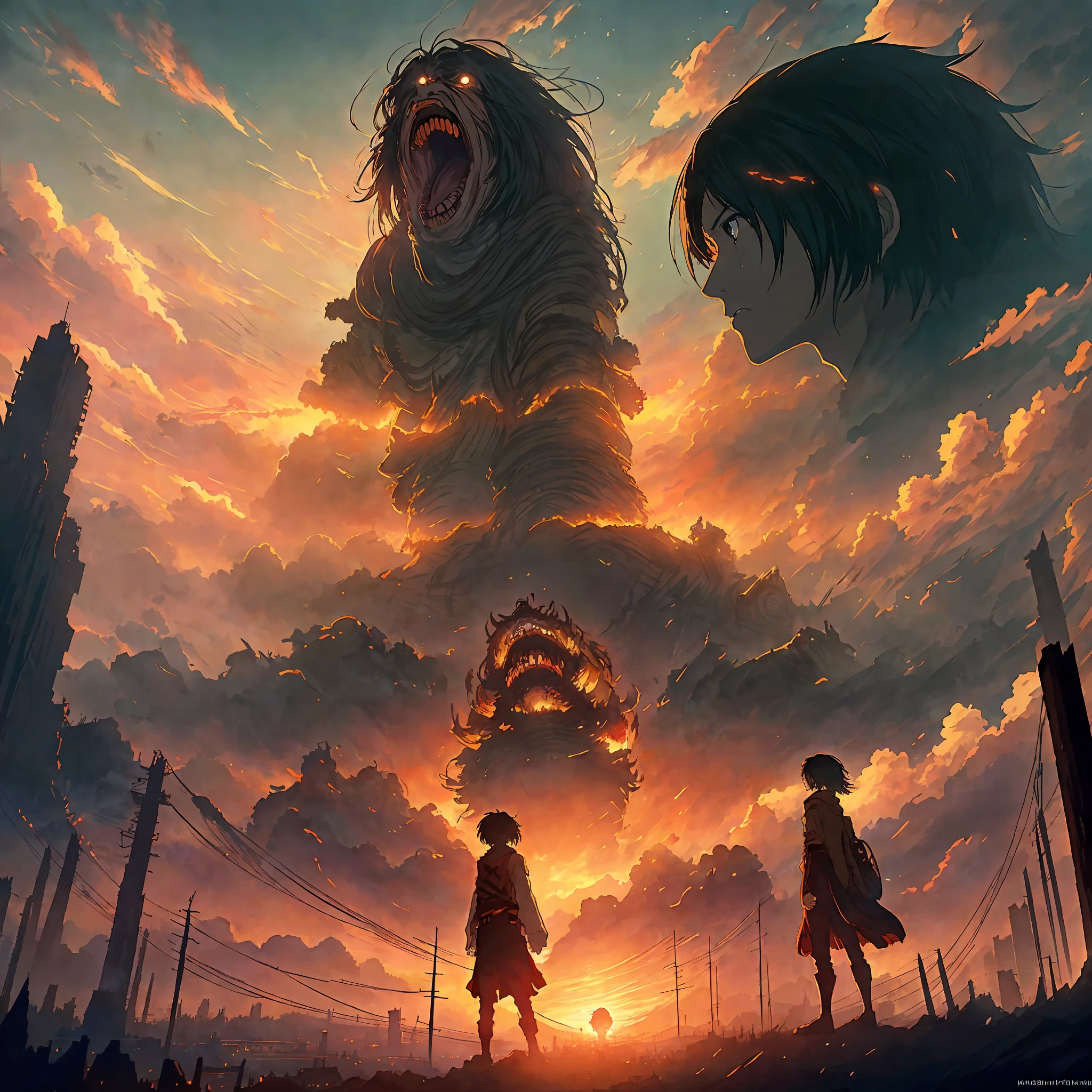 Attack on Titan, angry Giants, dark and gritty, Studio Ghibli, Anime Key Visual, by Makoto Shinkai, Deep Color, Intricate, 8k resolution concept art, Natural Lighting, Beautiful Composition