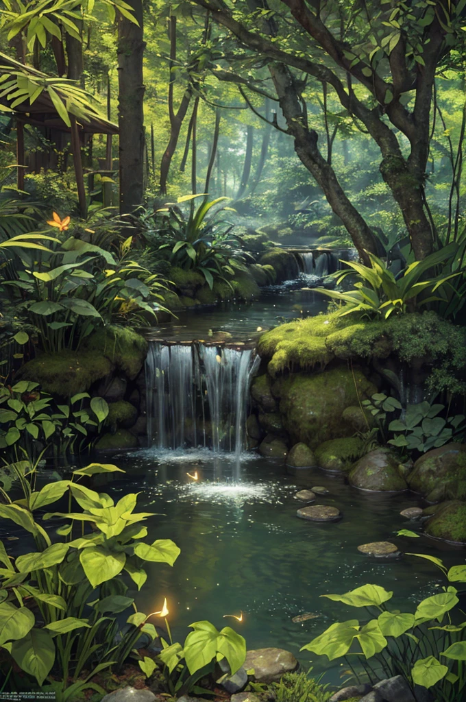 Masterpiece, highest quality, (highly detailed CG Unity 8K wallpaper), (highest quality), (best illustration), (best shadow), forest theme incorporating elements of nature. Surrounded by tall trees, quiet streams, glowing little mushrooms, delicate leaves and branches, glowing particle effect with fireflies, (natural elements), (jungle theme), (leaves), (branches), (fireflies), butterflies, (delicate leaves), (glow), (particle effects), isometric 3D, octane rendering, ray tracing, ultra detail