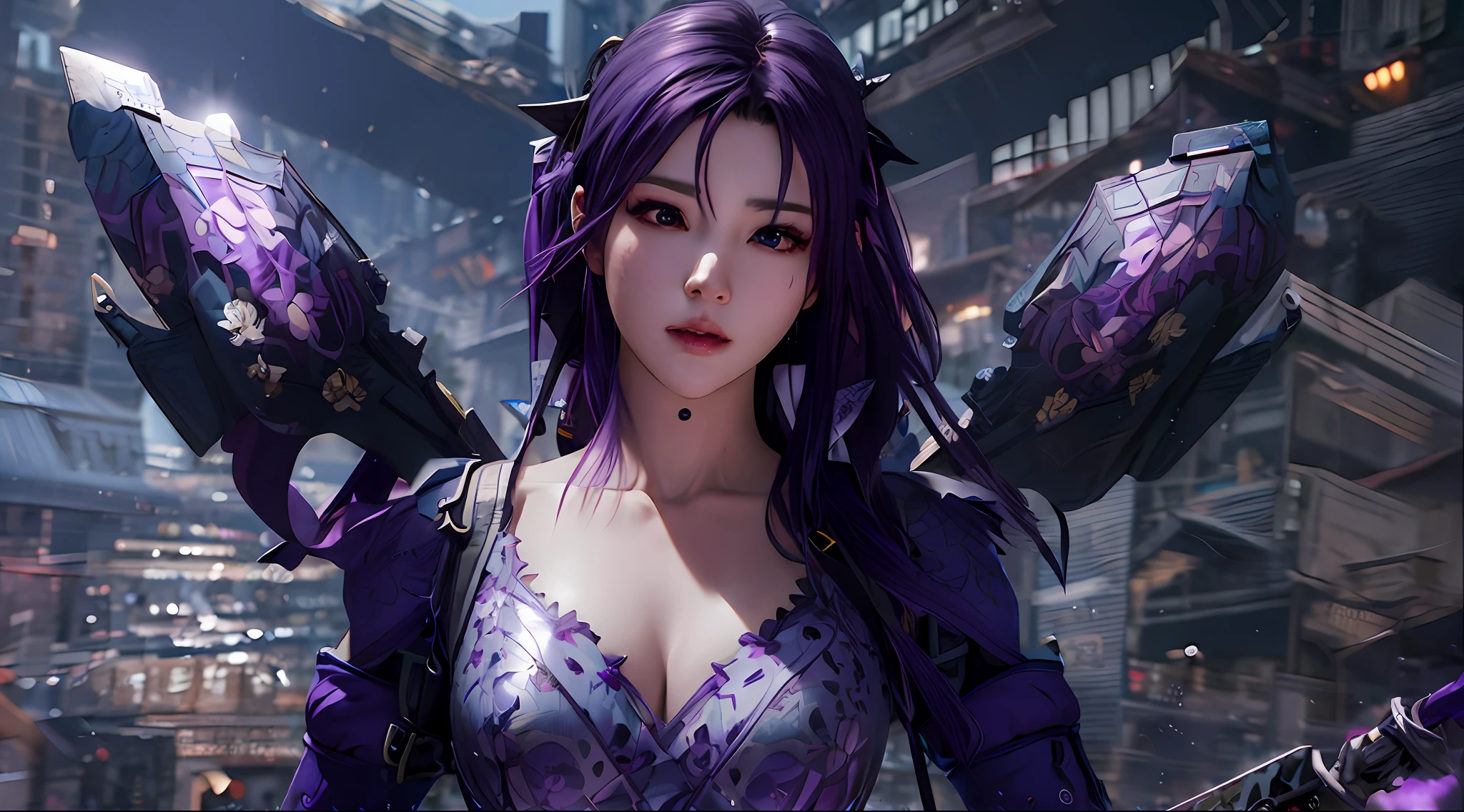 anime girl with purple hair and purple dress holding a sword, artgerm ; 3d unreal engine, fanart best artstation, ruan jia and artgerm, by Yang J, 4k highly detailed digital art, 8k artgerm bokeh, chengwei pan on artstation, ig model | artgerm, 4 k detail fantasy