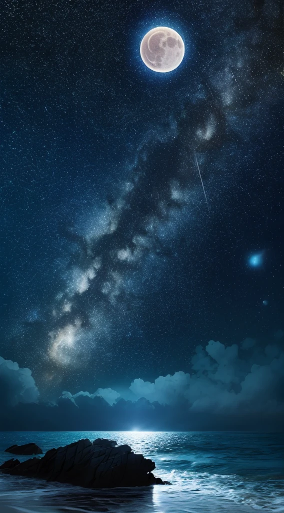 Masterpiece, best quality, starry sky, starry sky, sea, bright moon,