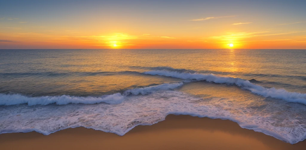 Absolutely mesmerizing sunset on the beach, The sky is shining with golden yellow, The water is crystal clear, Kiss the sea gently, The scene is very dynamic, Breathtaking, Immerse yourself in a calm atmosphere, The warm sun surrounds you, Ultra-Wide Angle, f/16, Sony FE GM, panorama, film grain, UHD, high quality, highres, 16k