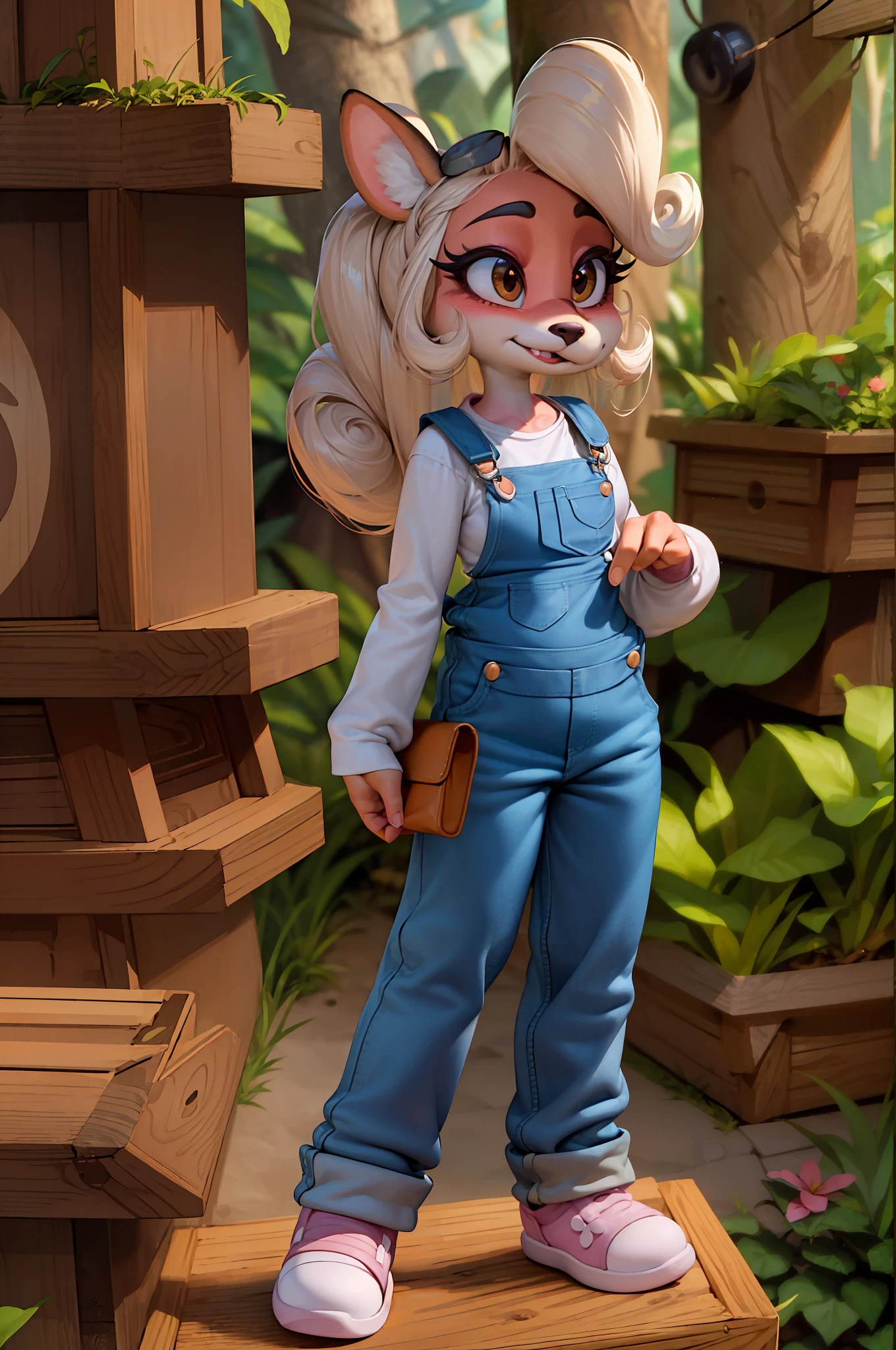 coco, furry, masterpiece, zootopia style, detailed forest background, walking, overalls, white shirt, pink shoes, flower in hair, happy smile, small breast, looking away from viewer