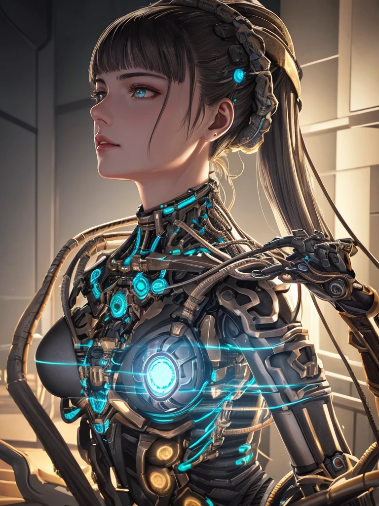 1mechanical girl,((ultra realistic details)), portrait, global illumination, shadows, octane render, 8k, ultra sharp,metal,intricate, ornaments detailed, cold colors, egypician detail, highly intricate details, realistic light, trending on cgsociety, glowing eyes, facing camera, neon details, machanical limbs,blood vessels connected to tubes,mechanical vertebra attaching to back,mechanical cervial attaching to neck,sitting,wires and cables connecting to head
