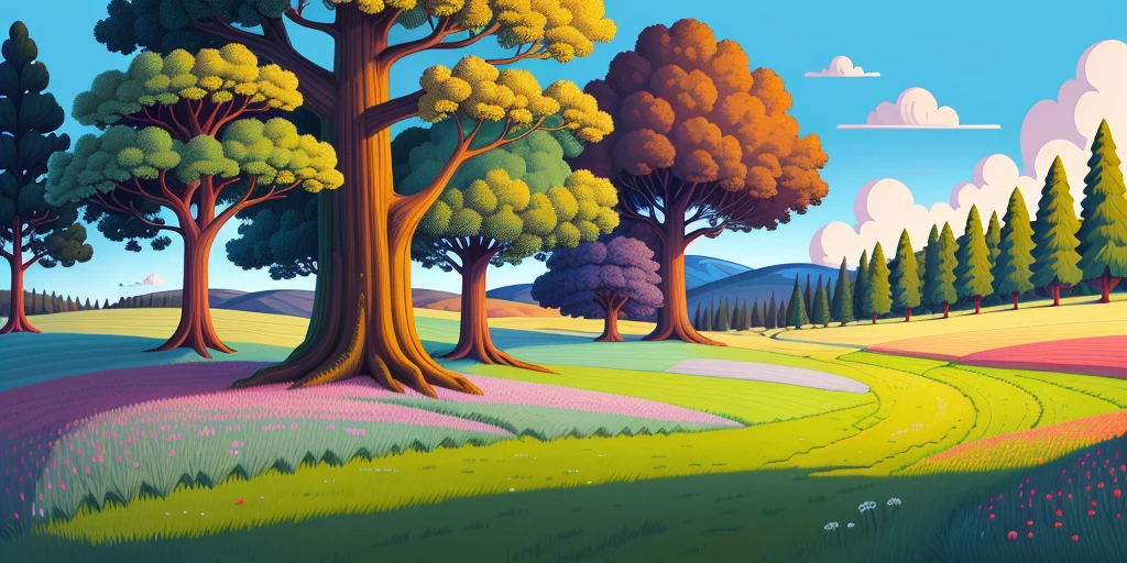 Meadow and trees, Cartoon, illustrator, High quality, super detail, 16k