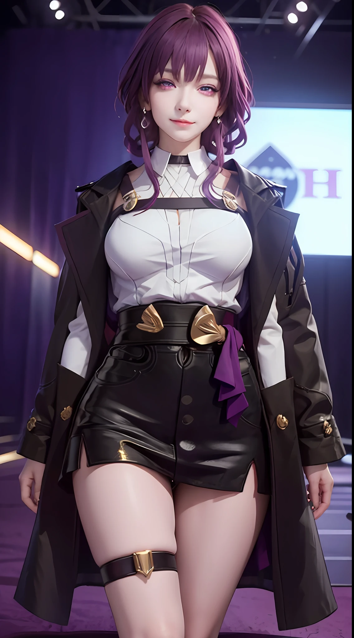 Masterpiece, Best Quality, 1girl, Official, Two Purple Eyes, Purple Hair, Bustiness, Cowboy Shot, Looking at the Audience, Dark, (Darkness), Cinematic Light, Edge Light, Detailed Eyes, (pureerosface_v1:0.5), Looking at the Audience, (Realisticity: 1.2), Provocative, Honkai Star Track, Arrogance, Bangs Evil Face, Fantasy Background, Symmetry of Left and Right Eyes, Smile