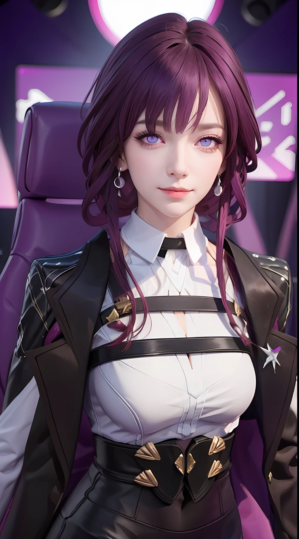Masterpiece, Best Quality, 1girl, Official, Two Purple Eyes, Purple Hair, Bustiness, Cowboy Shot, Looking at the Audience, Dark, (Darkness), Cinematic Light, Edge Light, Detailed Eyes, (pureerosface_v1:0.5), Looking at the Audience, (Realisticity: 1.2), Provocative, Honkai Star Track, Arrogance, Bangs Evil Face, Fantasy Background, Symmetry of Left and Right Eyes, Smile