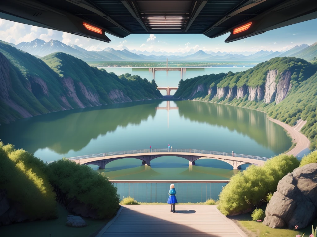 On the endless lakeside, no mountains are allowed. The lake is an open plain and a city in the distance. There is a group of lively and cute children standing on the shore, looking at a futuristic sci-fi museum in the lake. There is a metallic bridge connecting the museum to the shore of the lake, and the bridge is full of people.