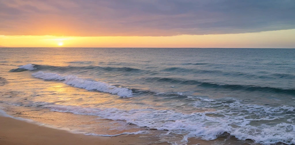 Absolutely mesmerizing sunset on the beach, The sky is shining with golden yellow, The water is crystal clear, Kiss the sea gently, The scene is very dynamic, Breathtaking, Immerse yourself in a calm atmosphere, The warm sun surrounds you, Ultra-Wide Angle, f/16, Sony FE GM, panorama, film grain, UHD, high quality, highres, 16k