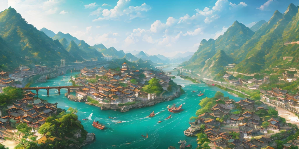 Qingming upper river map, horizontal layout, high resolution, best quality, super detail, dynamic angle, floating, bustling cityscape, intricate details, historical buildings, flowing river, bright colors, volumetric lighting, crowded boats and bridges, rich cultural background.