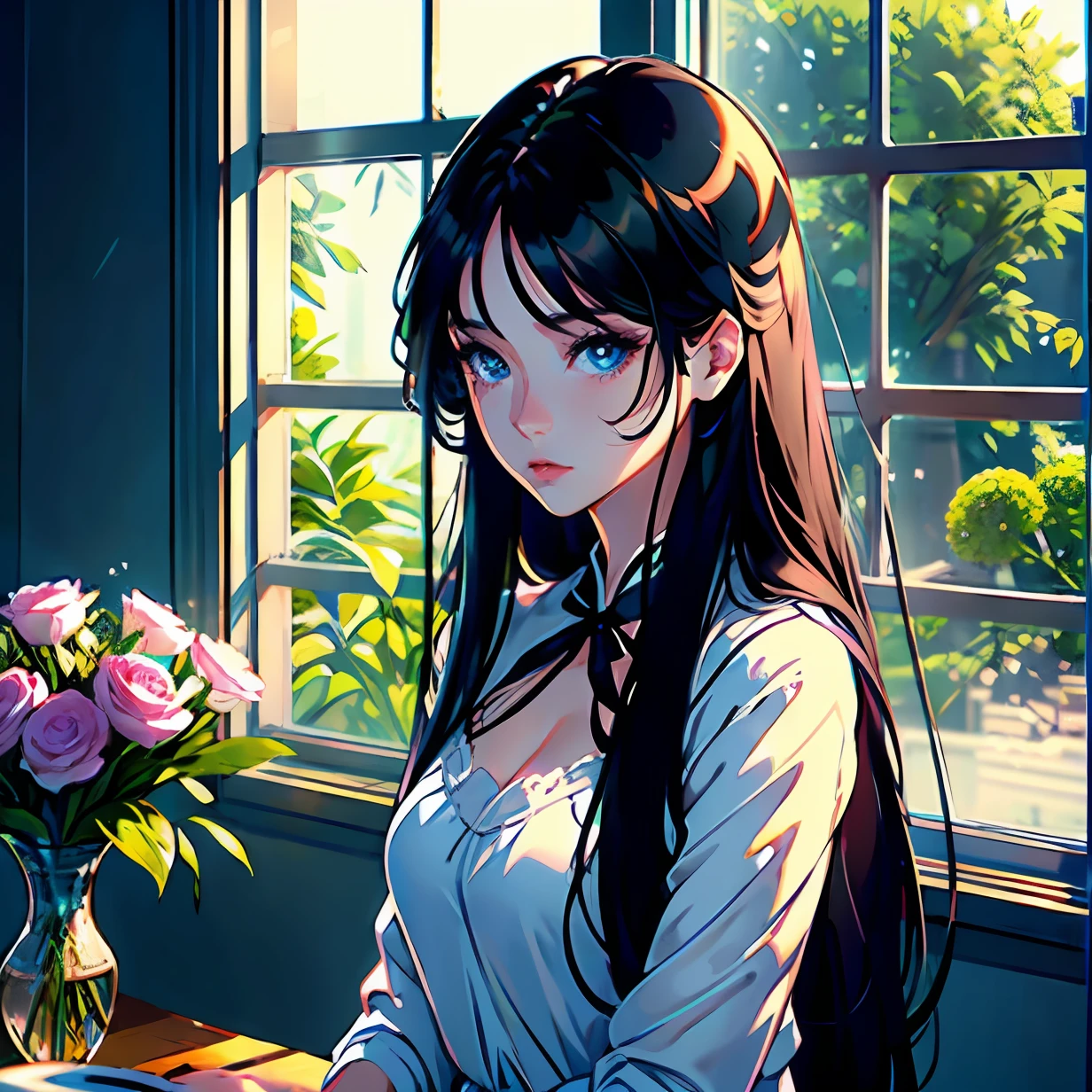 (Masterpiece, Best, Quality), Delicate Facial Features, Beautiful and Poor Girl, Long Black Hair, Light Blue Eyes, (By the window, with exquisite vases and illuminated by the morning light), Highest Quality, HD, 4K Quality, Super Detail, K-drama Goddess, Beautiful Hair, Beautiful Eyes.